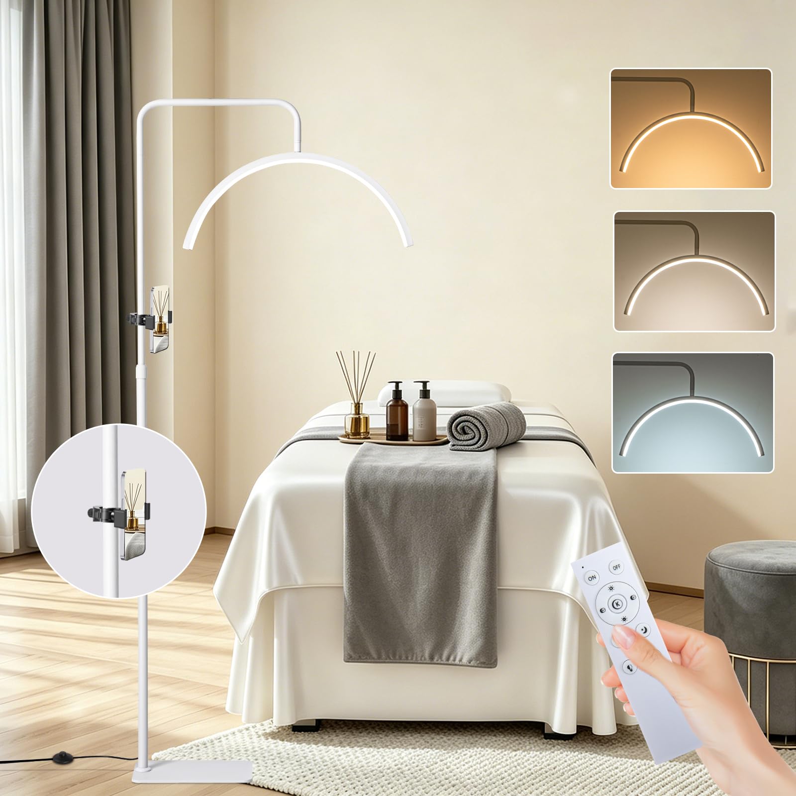 Lampadaire Hauteur Réglable 120-154cm Lampe sur Pied LED Tête Orientable Intensité Réglable 3 Couleurs avec Support Interrupteur au Pied Lampe d'Appoint pour Beauté Extension Cils et Tatouage