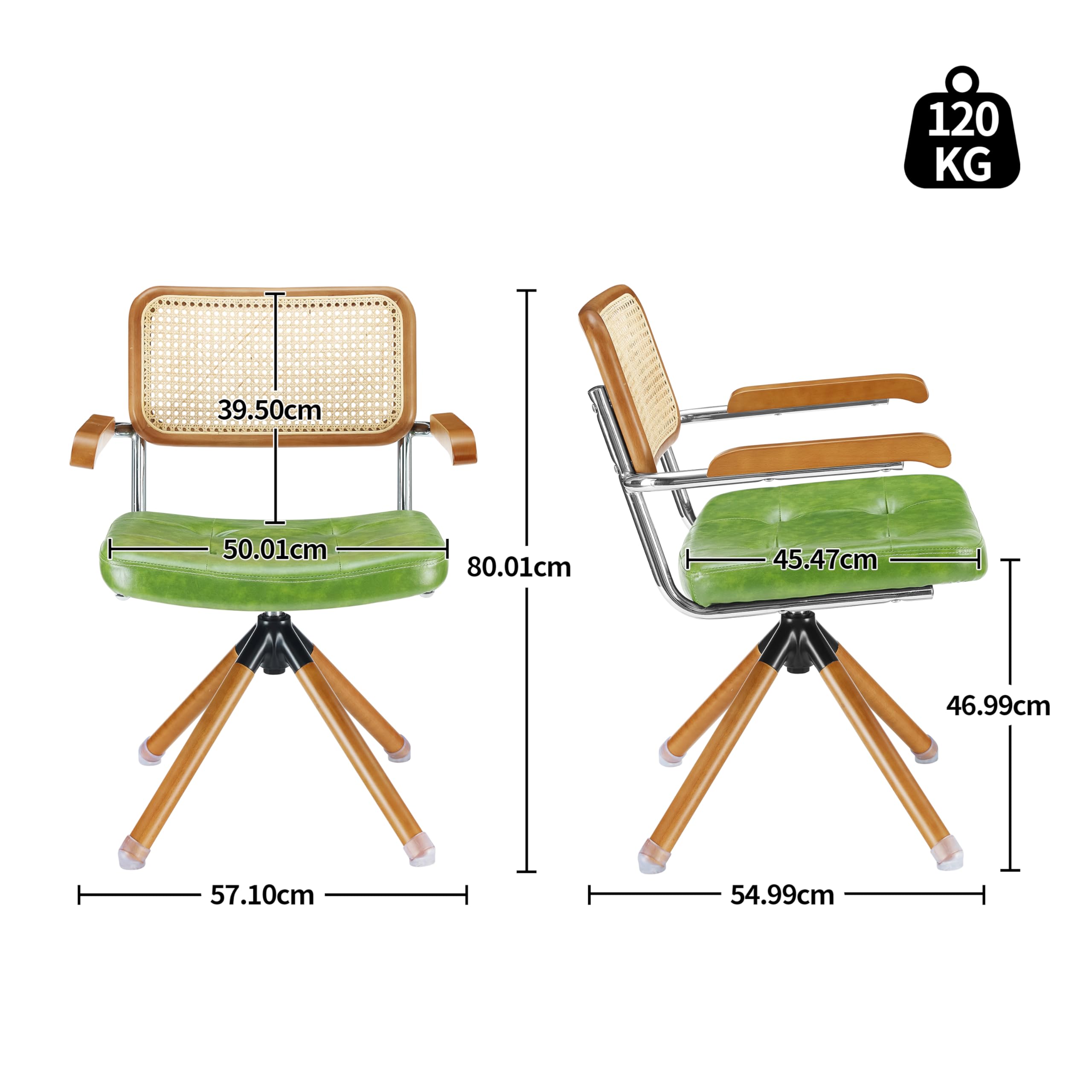 Zouron Silla de Comedor de Estilo Moderno (Respaldo de ratán), Silla giratoria 360° (tapizado en Piel sintética), sin Ruedas, Verde