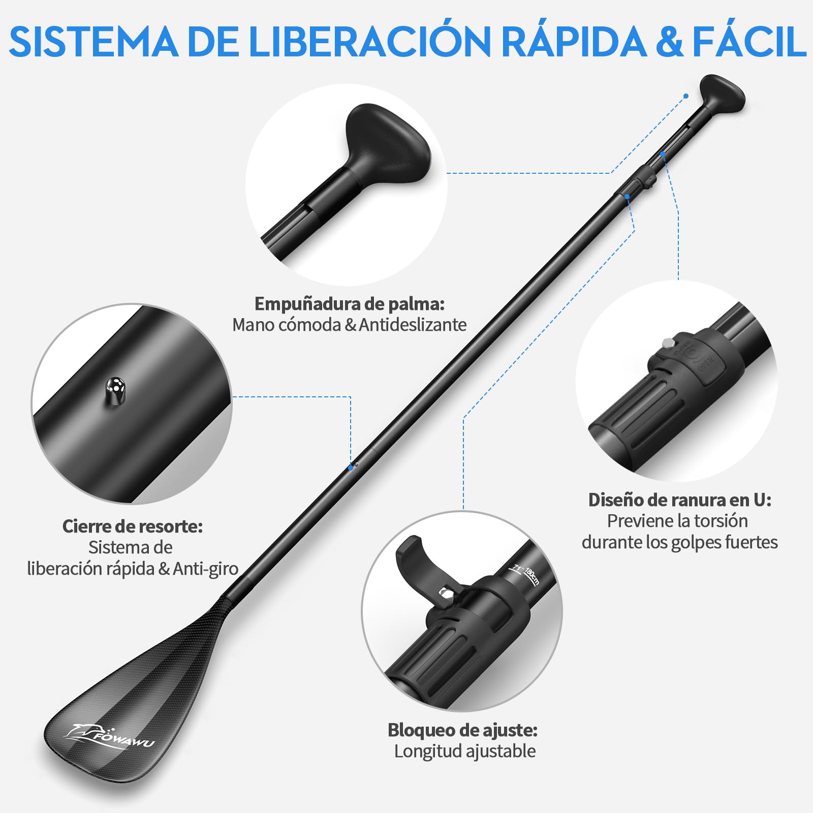FOWAWU 3-Parte Remo Paddle Surf Aluminio Pala Sup Paddle Telescopic 160cm–210cm para Tabla de Surf Canoa Sup, Ligero y Resistente 1.77 lbs(804g)