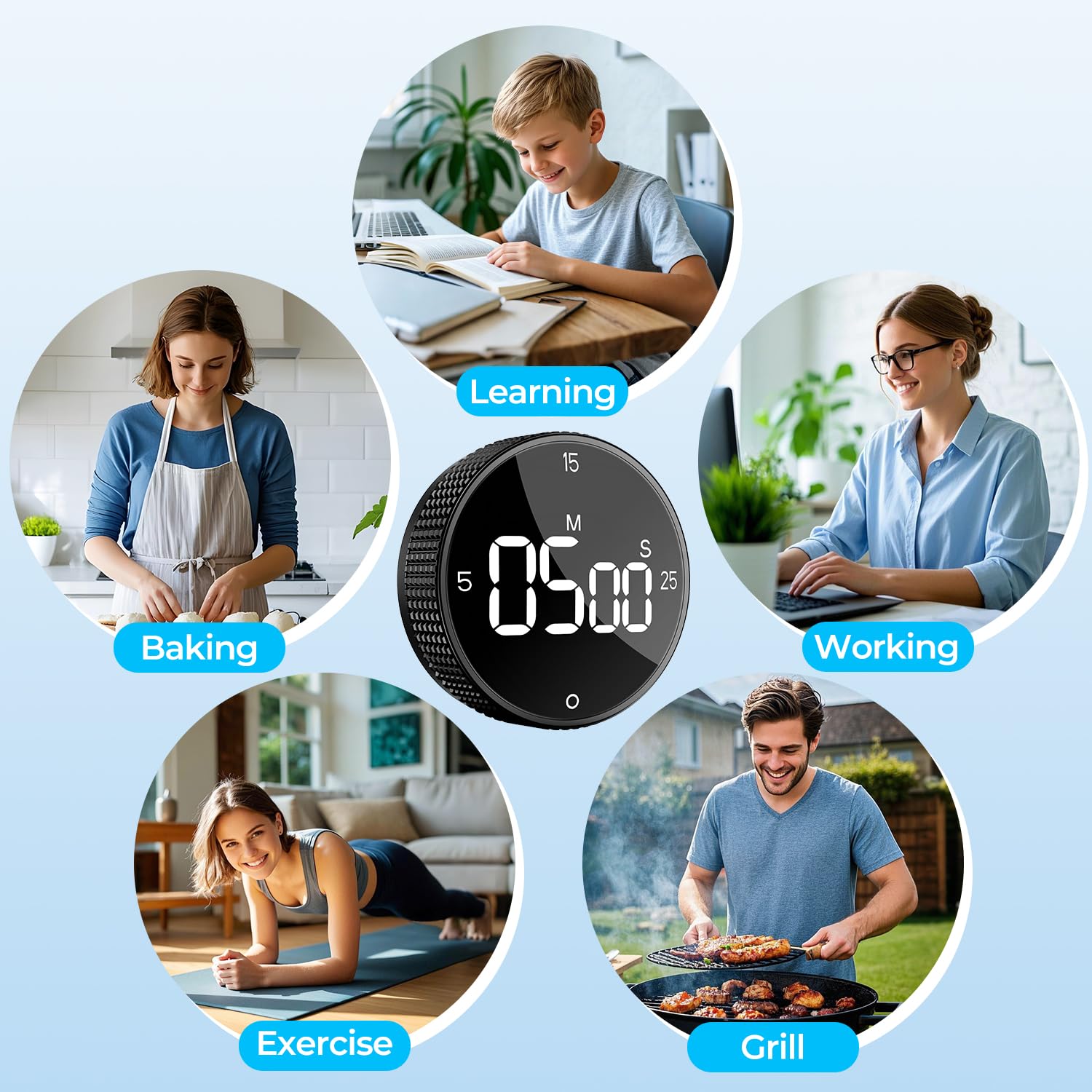 Digitaler Küchentimer, großes Display, magnetischer Countdown-Countup-Timer, 3 voreingestellte Zeiten (5, 15, 25), Lautstärke und Helligkeit einstellbar zum Kochen, Klassenzimmer, Lernen