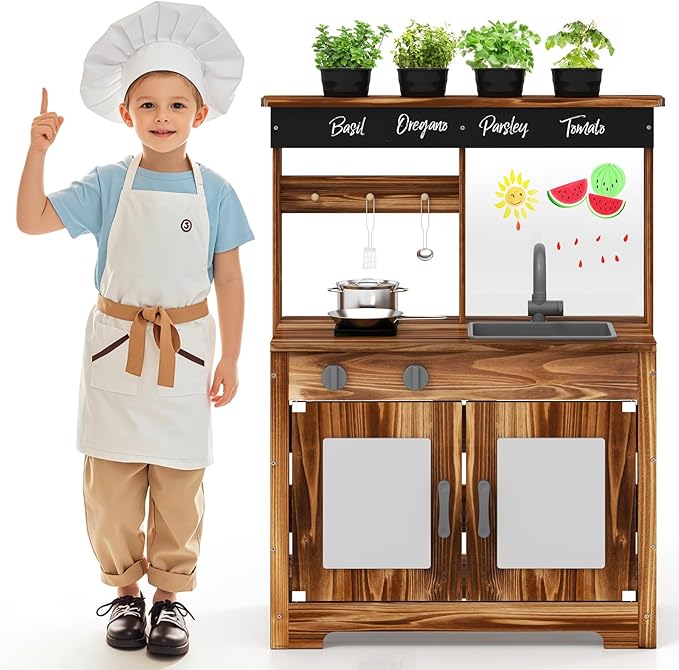 Cucina Giocattolo da Giardino con Lavagna, Cucina in Legno di Abete per Bambini con 4 Vasi da Giardinaggio, Fornelli 4 Accessori per Cucinare, 68 x 35
