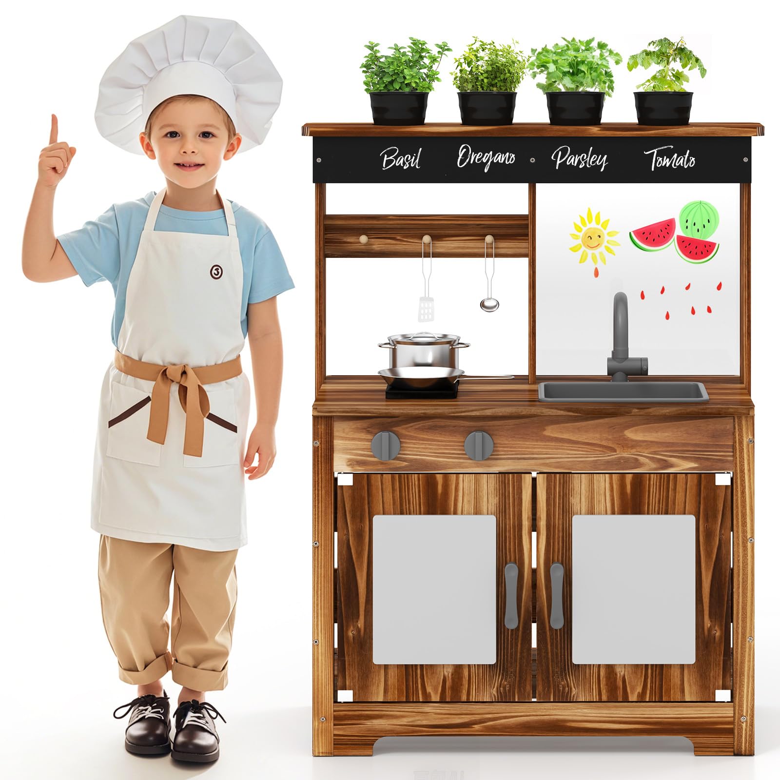 GOPLUS Cuisine Exterieur Enfant en Bois de Sapin, Jouet de Cuisine de Boue avec Tableau Noir, Panneau Acrylique, 4 Pots de Plantation, Robinet, Évier Amovible, pour 3+ Ans