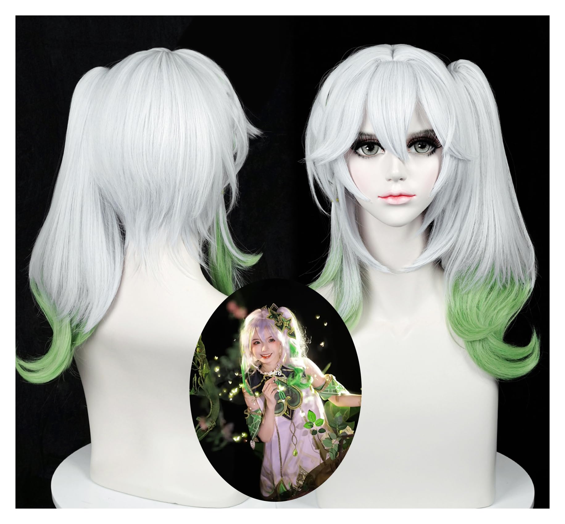 LABEAUT Gray Mix Green Wig for Nahida Cosplay with Ponytail Anime Cute Curly Two Tone Ponytail Wig for Halloween