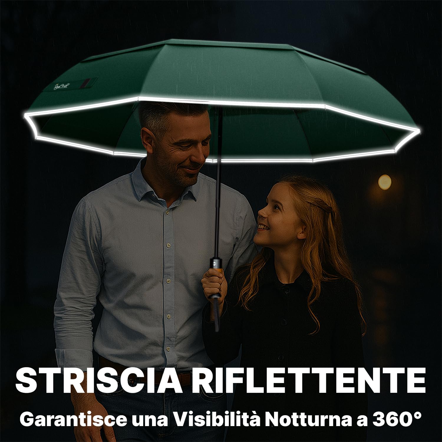 Royal Walk Ombrello da viaggio pieghevole antivento, compatto e resistente, con manico in vero legno, apertura automatica, chiusura automatica, doppia tettoia per uomini e donne, Verde scuro, L,
