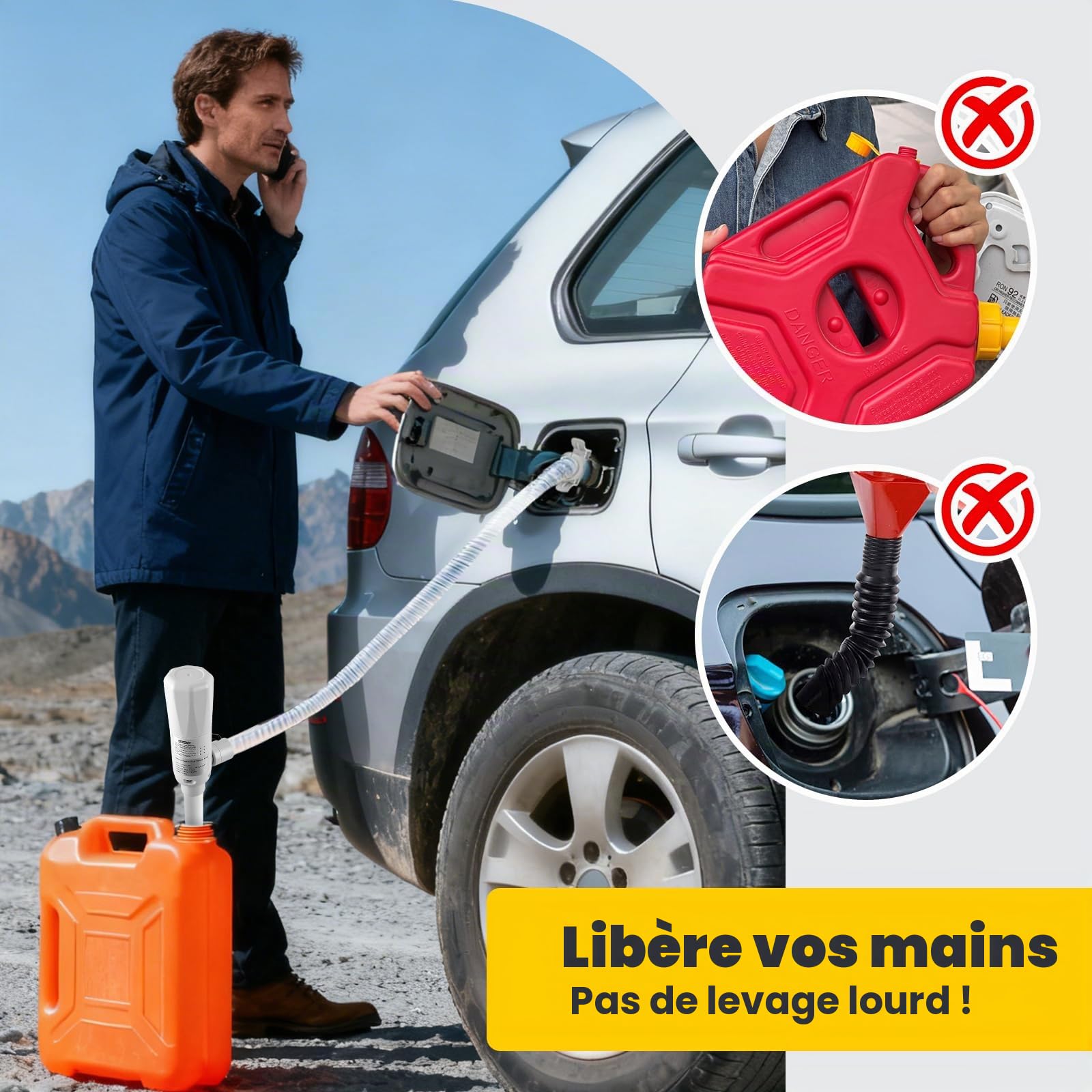 Pompe à carburant électrique avec double raccord (batterie + USB) – Pompe à essence 2,8 GPM 12 LPM, pompe diesel et pompe à huile pour bidons et fûts – Tuyau inclus (batterie + USB)
