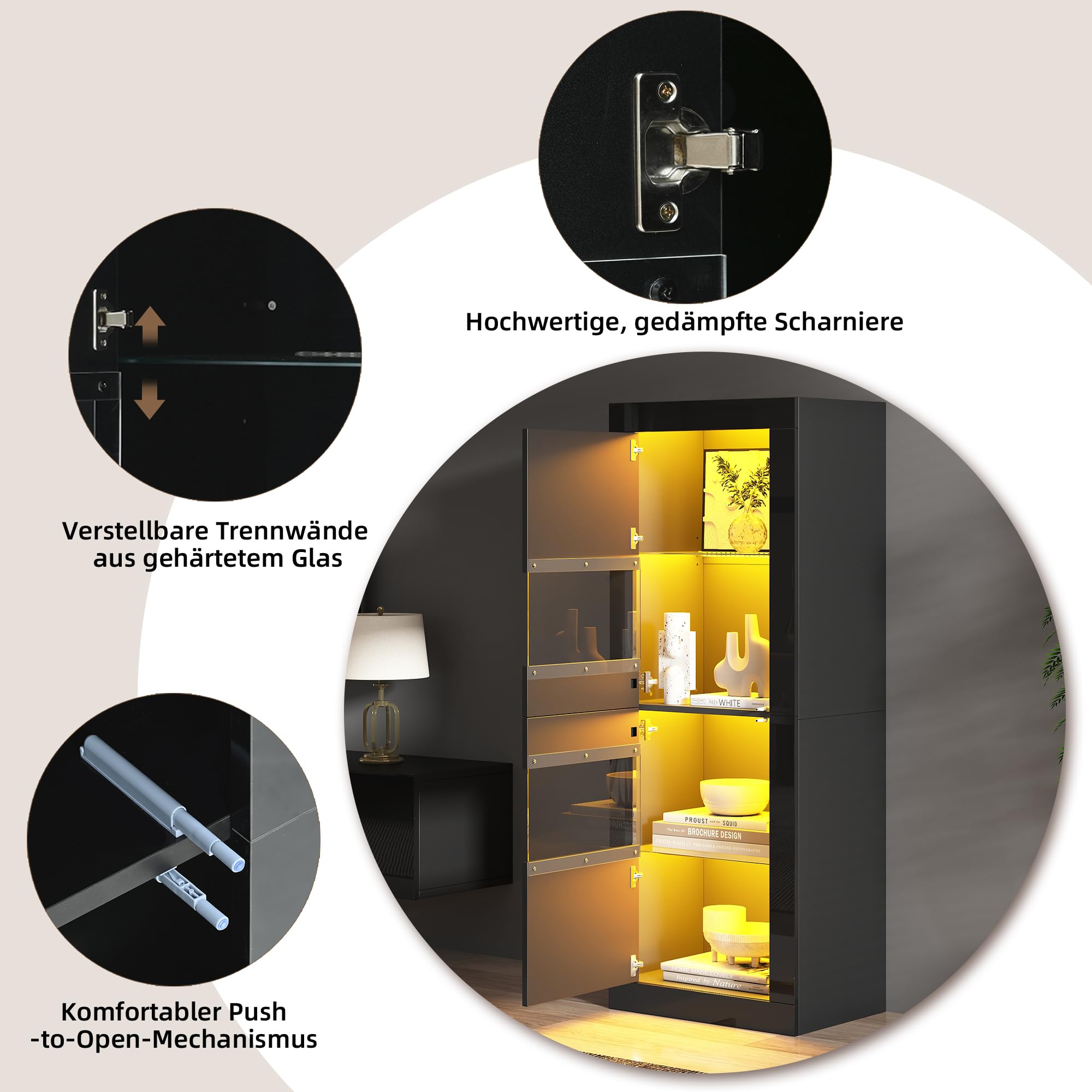 Vitrina negra brillante con iluminación LED, 1 estante de cristal, 61 x 42 x 162 cm, vitrina independiente, armario alto, armario de almacenamiento