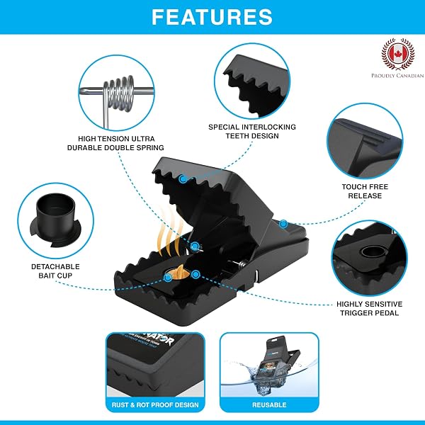 A close-up of the MOUSINATOR Mouse Trap, showcasing its robust ABS plastic construction and sensitive trigger mechanism.