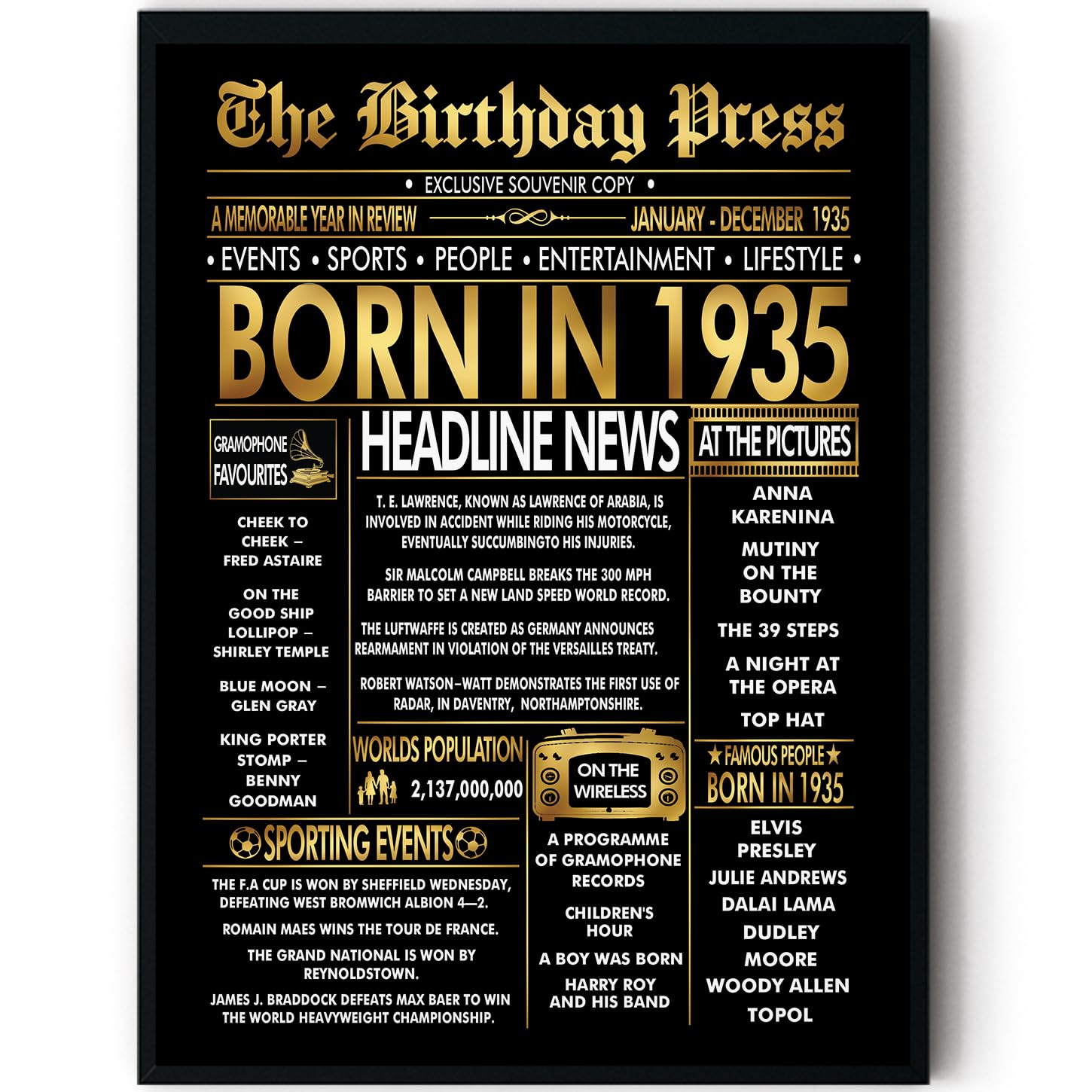 Stuff4 Men's 1935 Gold 91St Birthday Poster Framed - Golden Born In Newspaper - Happy 91 Birthday For Wo Retro Vintage Gifts Back In 8X10 Inch Bday Party Decor Decoration