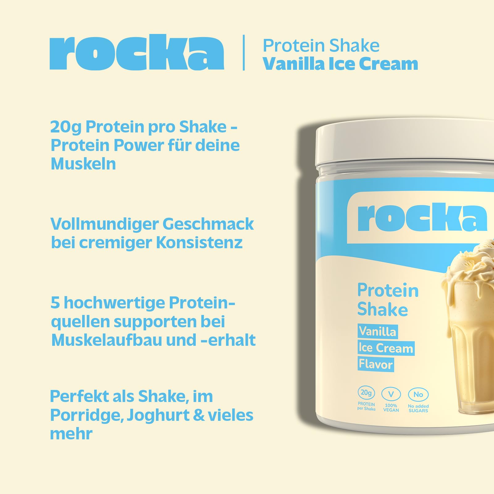 Rocka Nutrition Protein Shake veganes Proteinpulver | Pflanzliches Protein Pulver mit 20 g Protein pro Portion | Multikomponentenprotein | 100% Geschmack (600 g, Vanilla Ice Cream)
