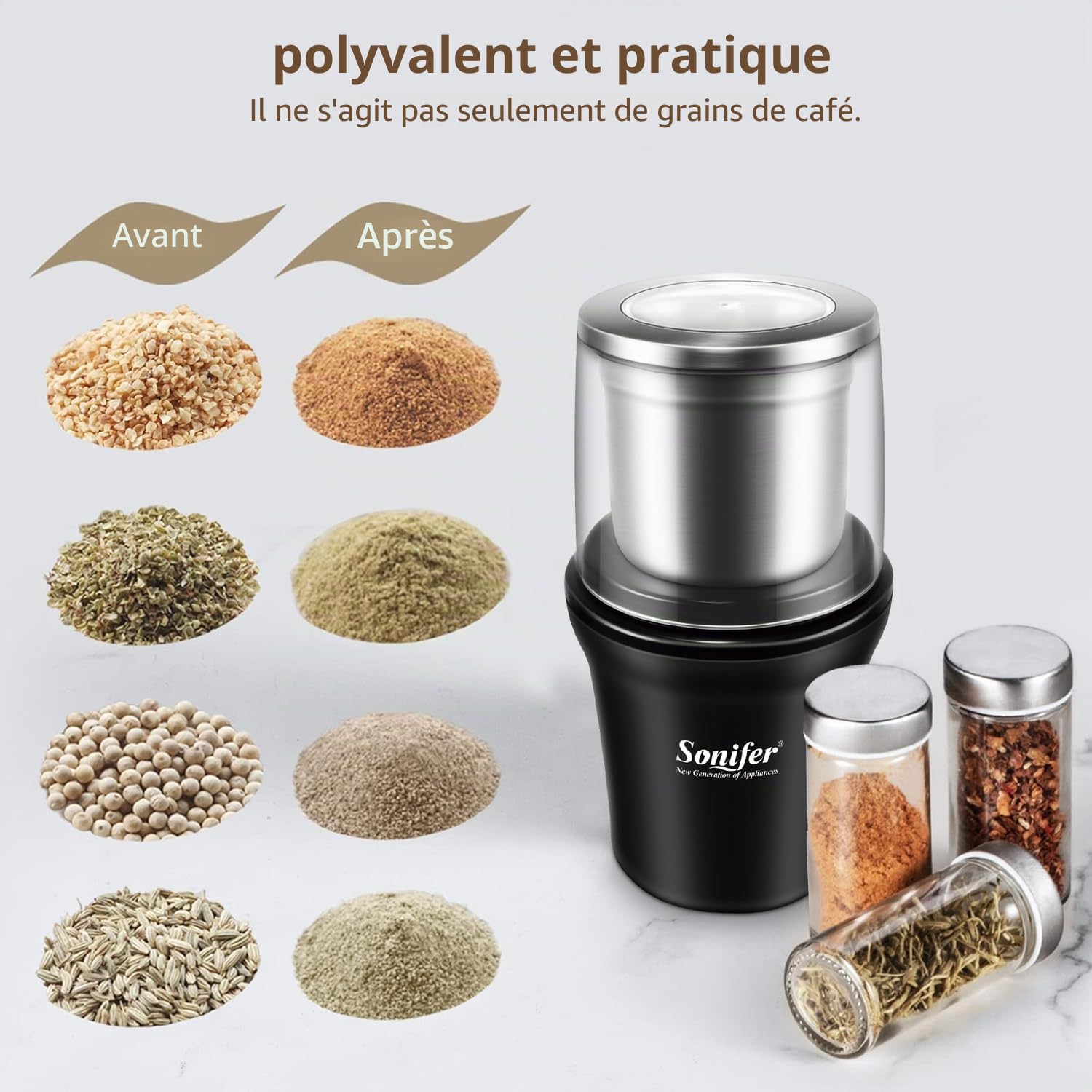 Moulin à épices électrique - 100 g - Puissance : 300 W - Récipient amovible en acier inoxydable pour moudre les grains de café, les noix, les épices, les céréales et les herbes