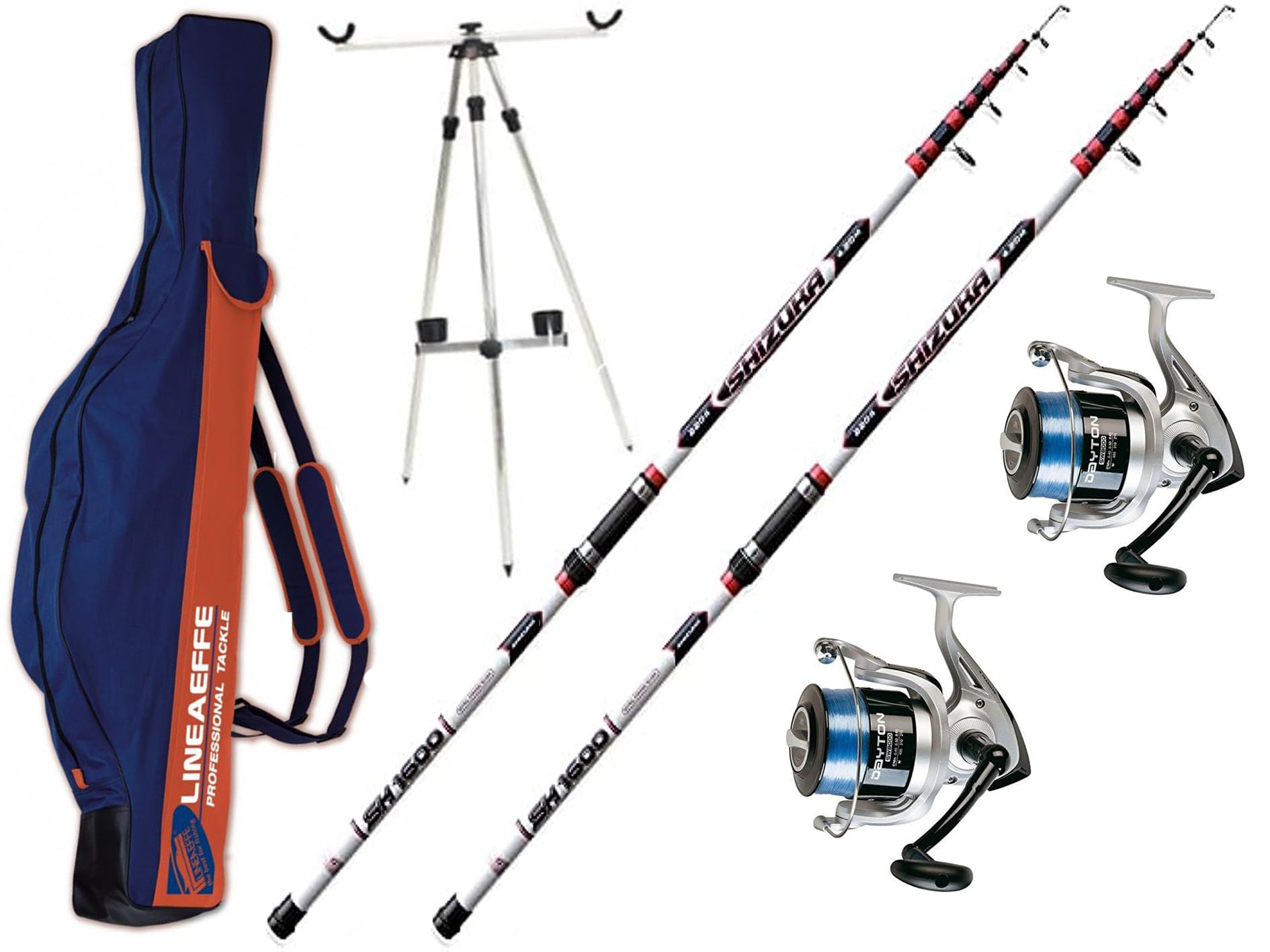 Kit Surfcasting 2 x Canna Shizuka SH1600 220 gr 4.20 mt + 2 x Mulinello Trabucco Dayton SW 6500 + Fodero Lineaeffe 175 cm Pro Cordura + Tripode Surfcasting 180 cm regolabile