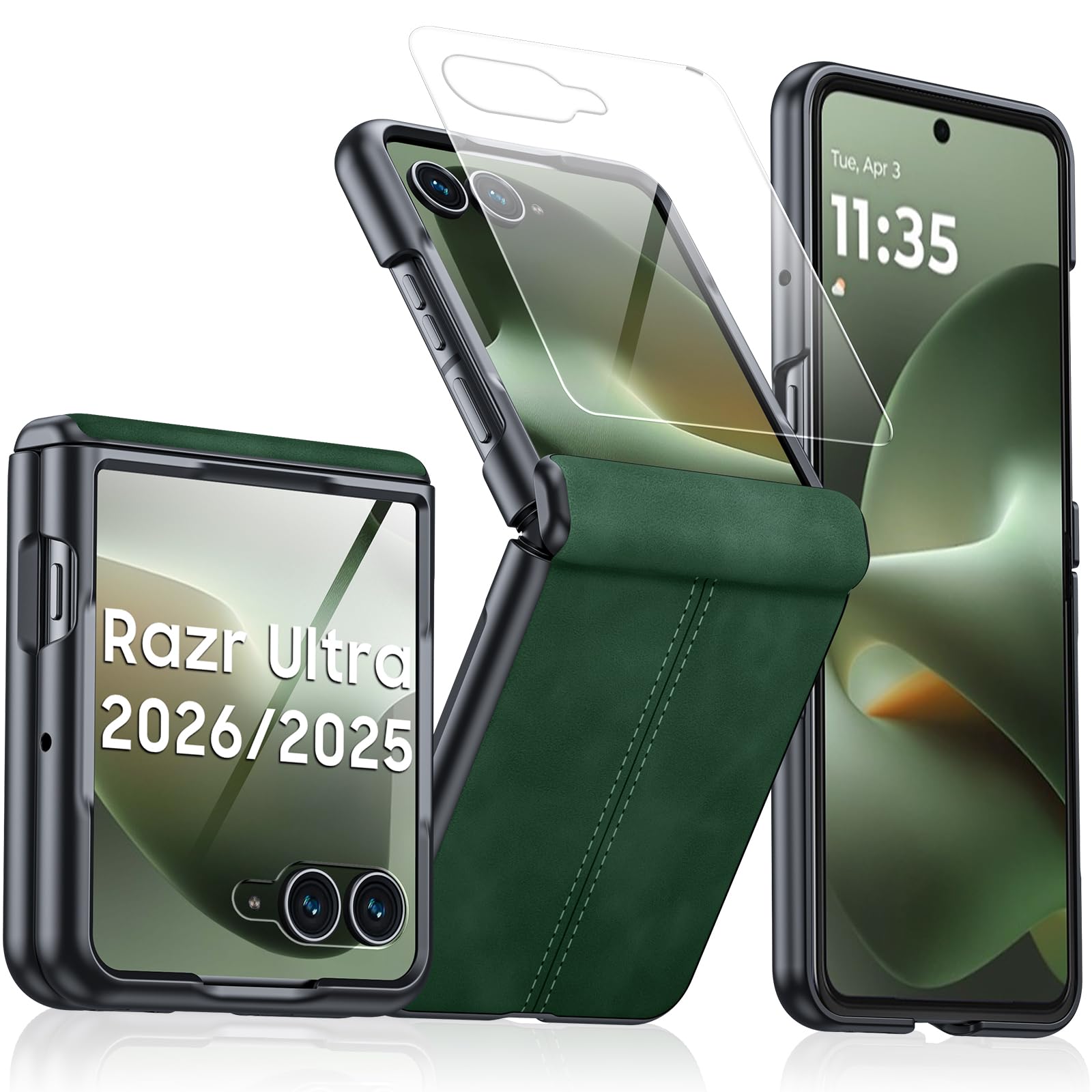 BSNRM for Motorola Razr Ultra 2026 Case/Razr Ultra 2025 Case with Hinge Protection & Built-in Screen Protector, Ultra-Thin PU Leather Matte PC Shockproof Cover for Razr Ultra 2026/2025 -Green