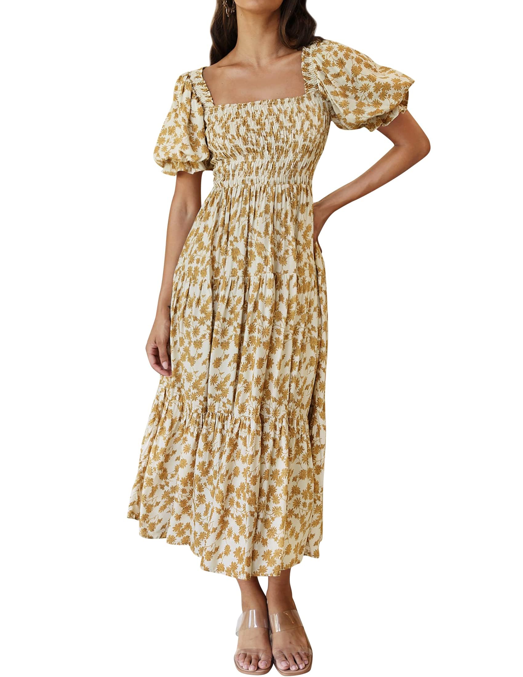Photo 1 of ZESICA Women's 2026 Summer Boho Floral Print Dress Square Neck Ruffle Swing Beach Vacation Long Maxi Dresses Beige Large