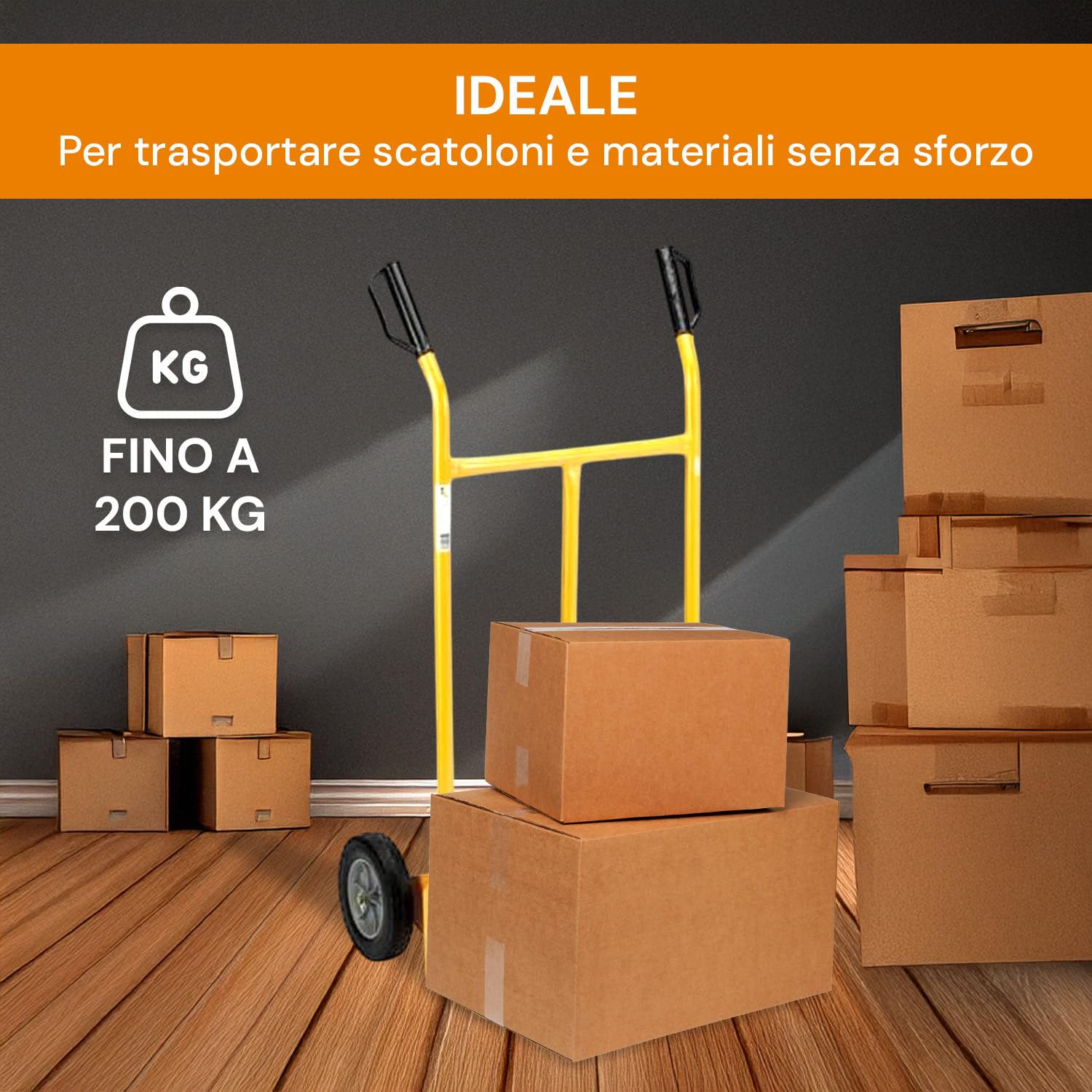 Carrello Portapacchi con Manopole Antiscivolo e Paracolpi in Acciaio Rinforzato Giallo, Carrello Trasporto con Ruote Pneumatiche, Portata 200 kg, 110x46x56 cm