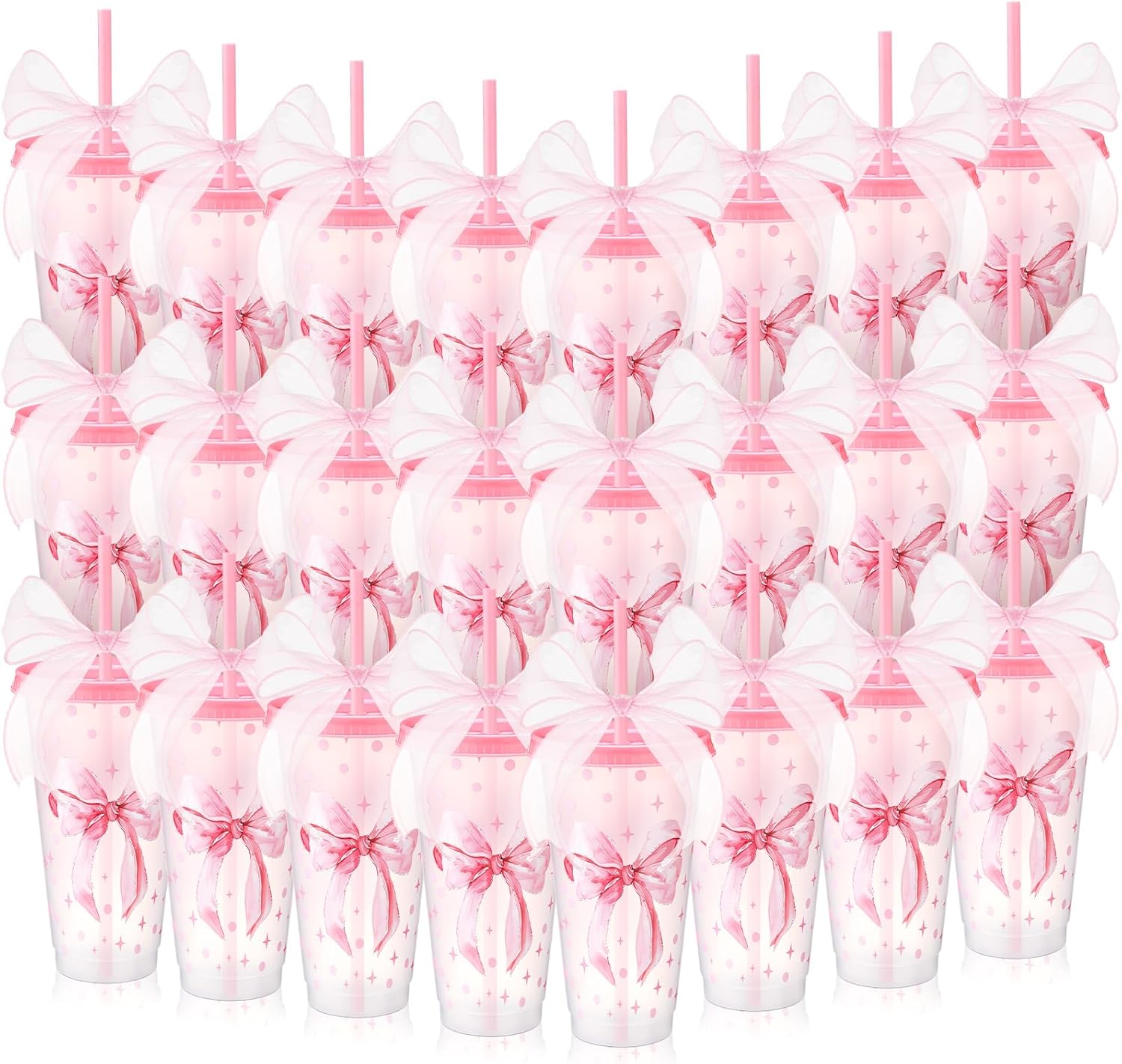 Willinglong 24 Pink Bow Cups with Lid Straw Galentines Party Favor Plastic Pink Bow Decorations 24 oz Reusable Cups Ribbon Set Drinking Tumbler Birthday Wedding Baby Bridal Shower Coquette Party Favor