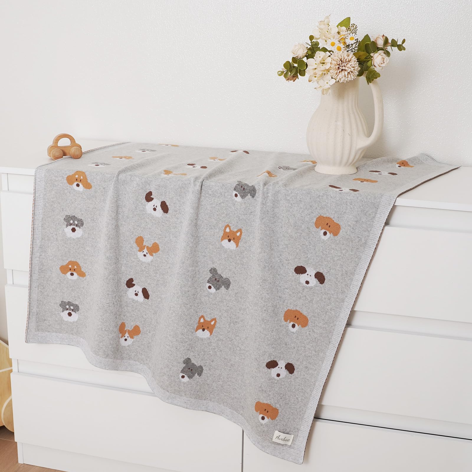 Avibae Cotton Baby Blanket for Newborns Soft Knitted Receiving Blanket for Pram and Cot with Cute Dog Pattern 100x80cm - Image 4