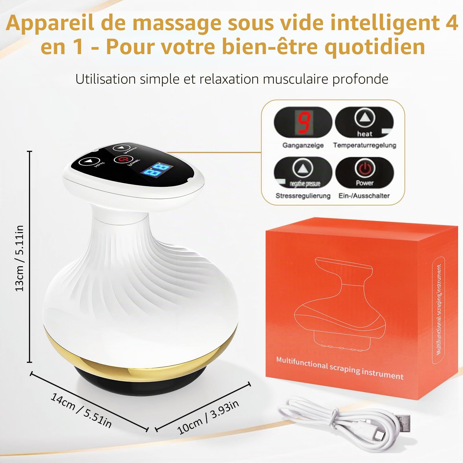 Masseur de cellulite 4 en 1, appareil de massage sous vide avec 9 niveaux de thérapie thermique et LED rouge-bleu, appareil anti-cellulite pour raffermissement du corps, drainage lymphatique