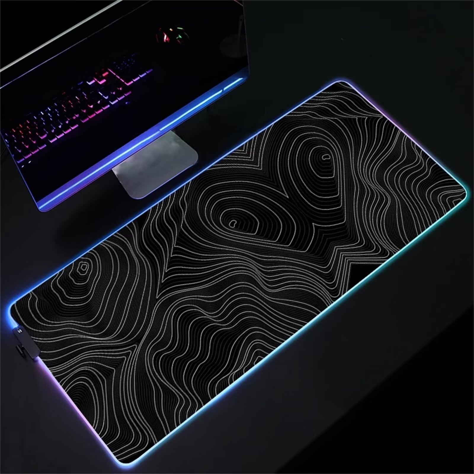 Tappetino per Mouse RGB XXL Grande Tappetino per Mouse da Gioco LED Topografia Nera 900x400x4mm con 14 Modalità di Illuminazione e Base in Gomma Antiscivolo per Giochi Lavoro e Studio