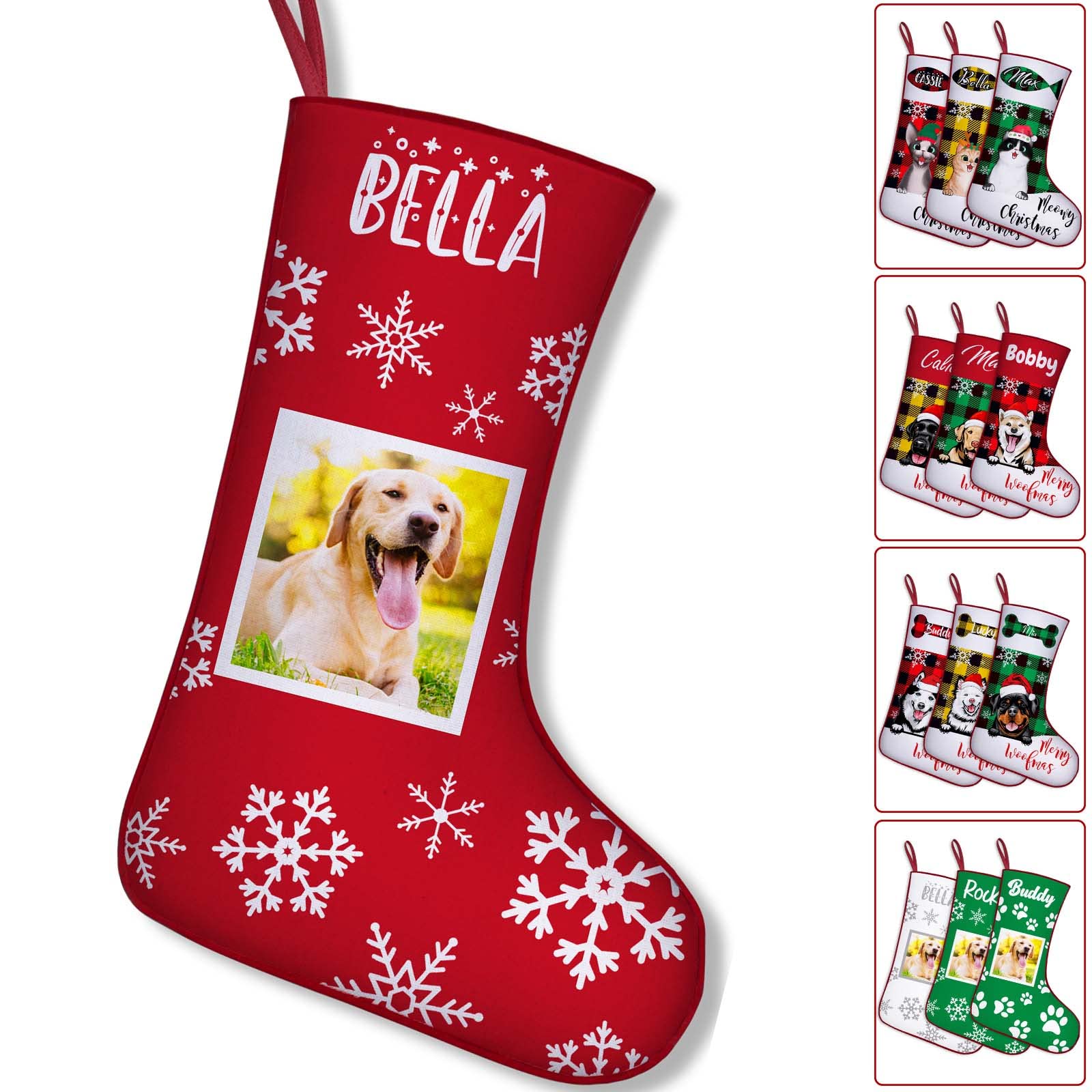 Xsersao Personalised Dog Stocking for Christmas Custom Cat Xmas Stockings with Photo Name Personalised for Puppy Pet Cats, Snowflake, 43cm