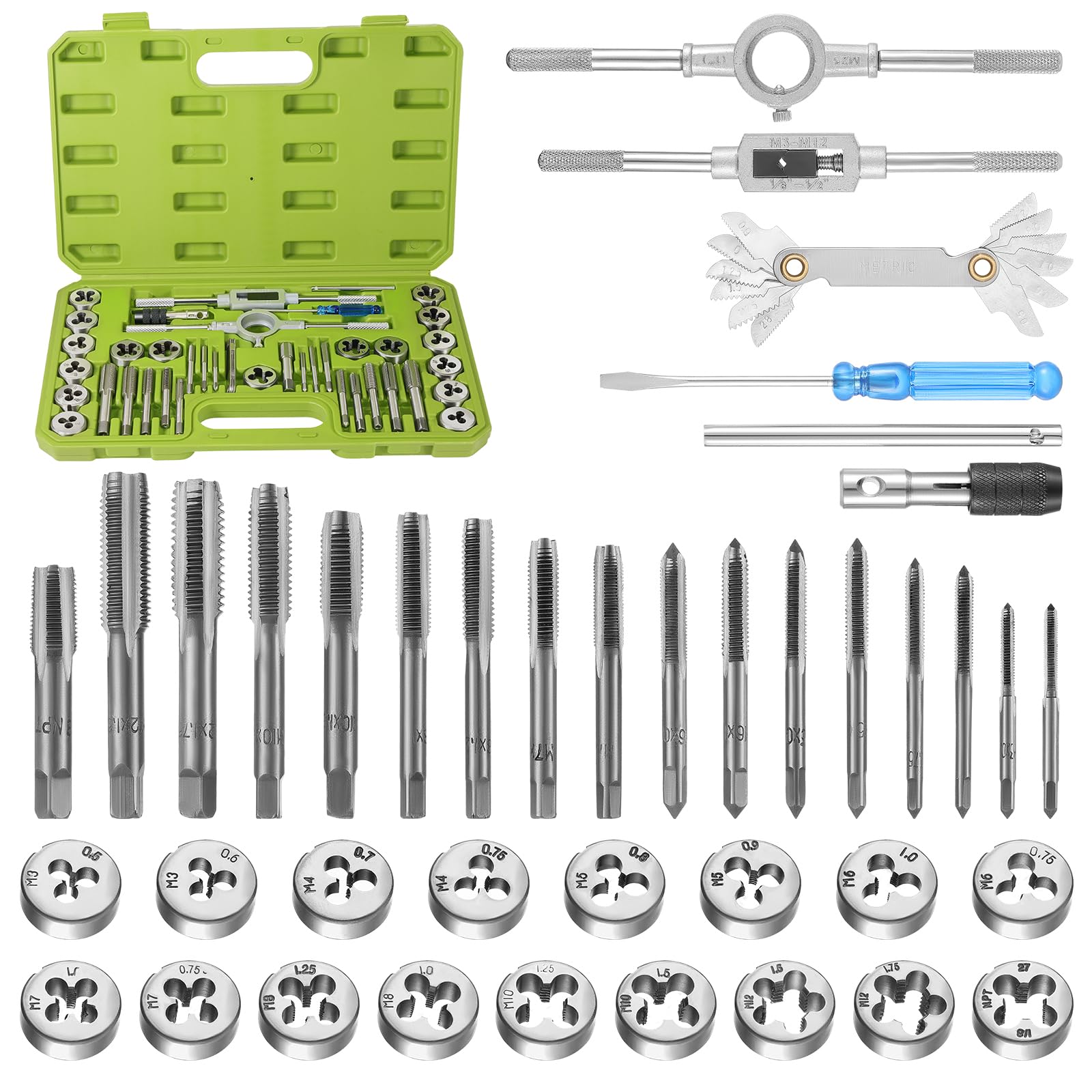 Faankiton Tap and Die Set, M3-M12 Tungsten Alloy Steel Metric Tap and Die Kit, Taper Drill Threading Kit with Tap Wrench, Metric & SAE Die and Tap Set for Internal and External Thread (40PCS Green)