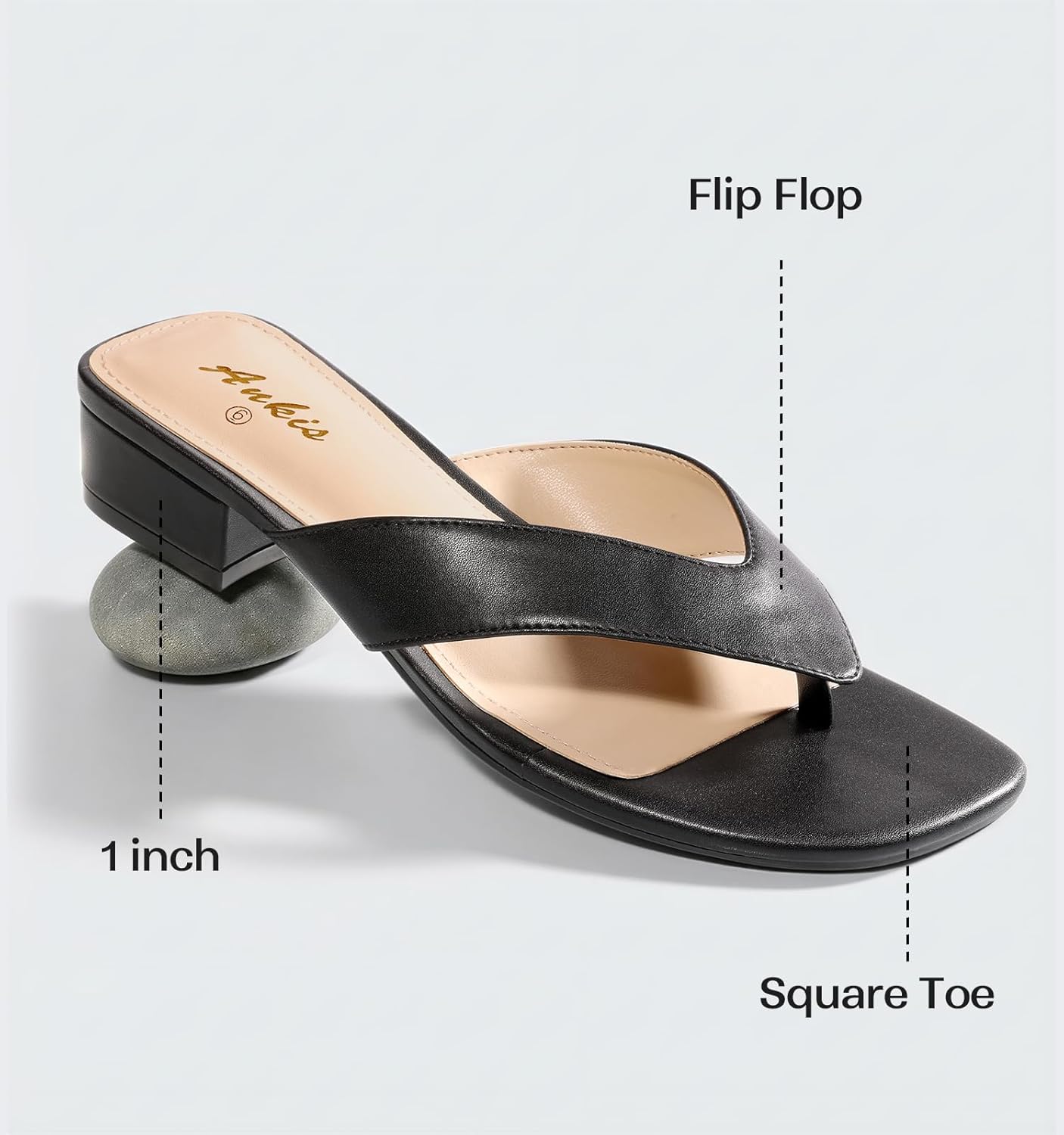 Ankis Black White Heels for Women Square Open Toe Sandals Flip Flop Thong Low Heels 1 Inch Heeled Sandals for Women - Image 4