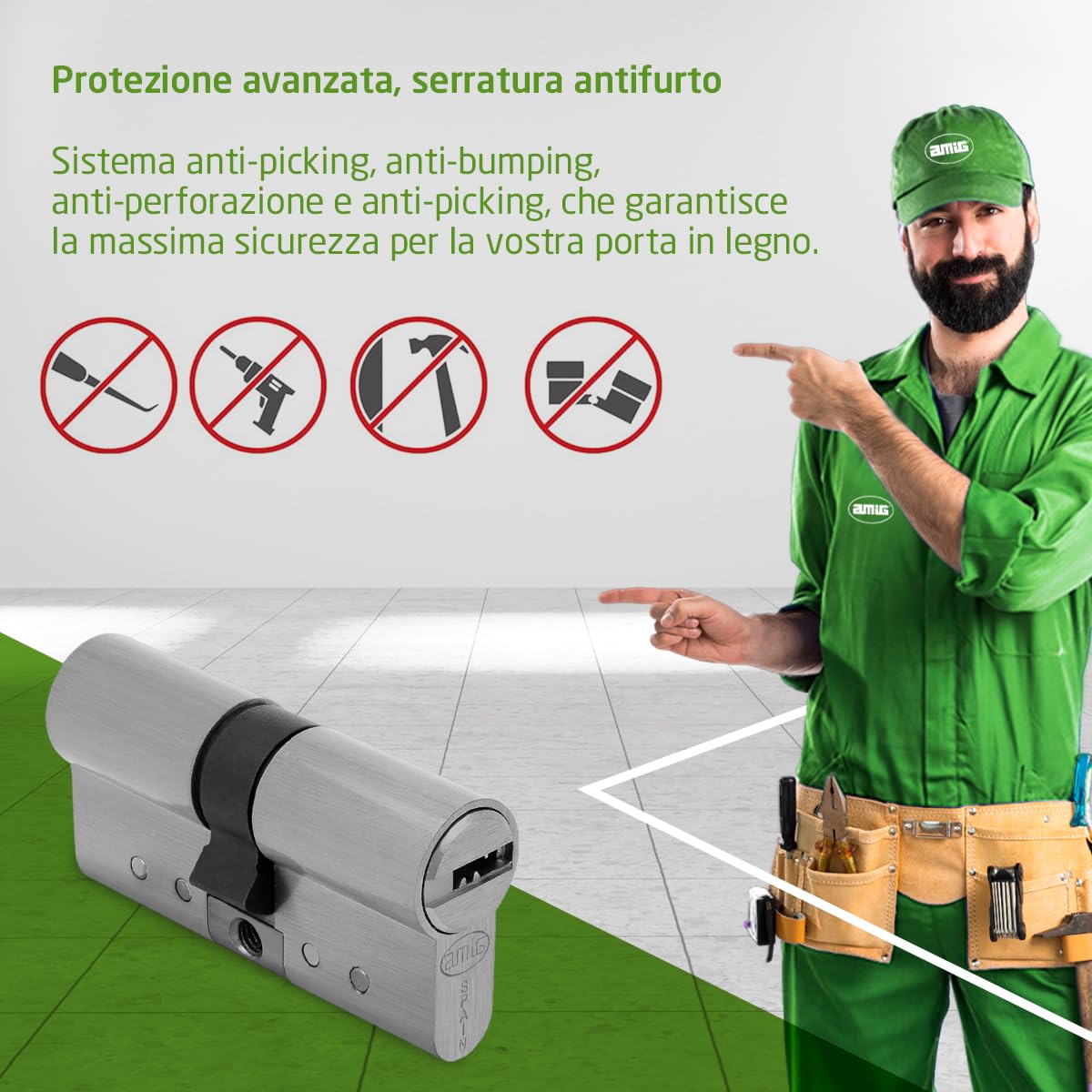 Amig - Cilindro di sicurezza - Serratura per porte - Antigrimaldello e Antibumping - Cilindro Antiestrazione e Antirottura - Include 5 chiavi - Argento opaco - Misure: 90 (30-60) mm