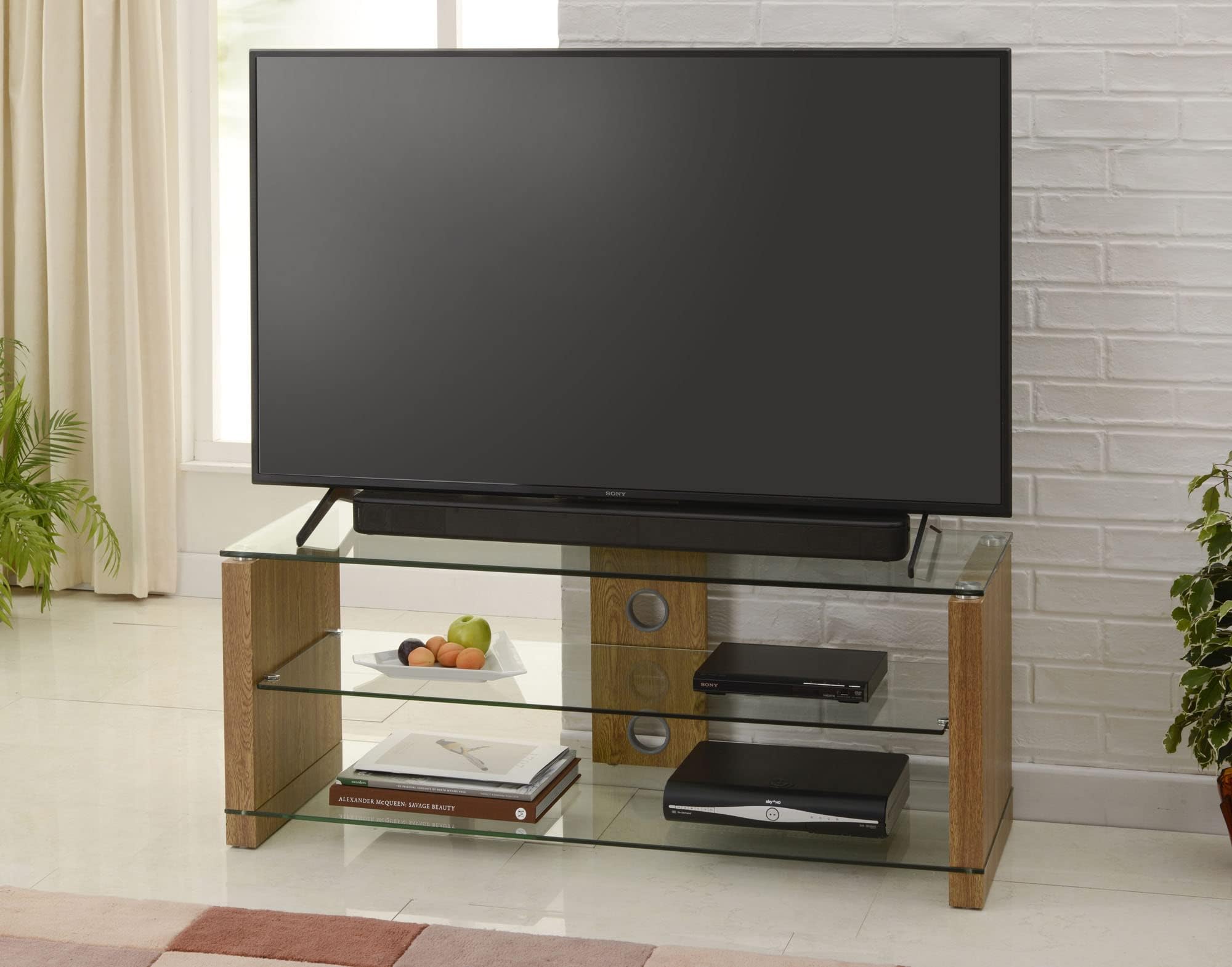TNW 36645 Elegance 1200 Glass TV Stand - Oak/Clear