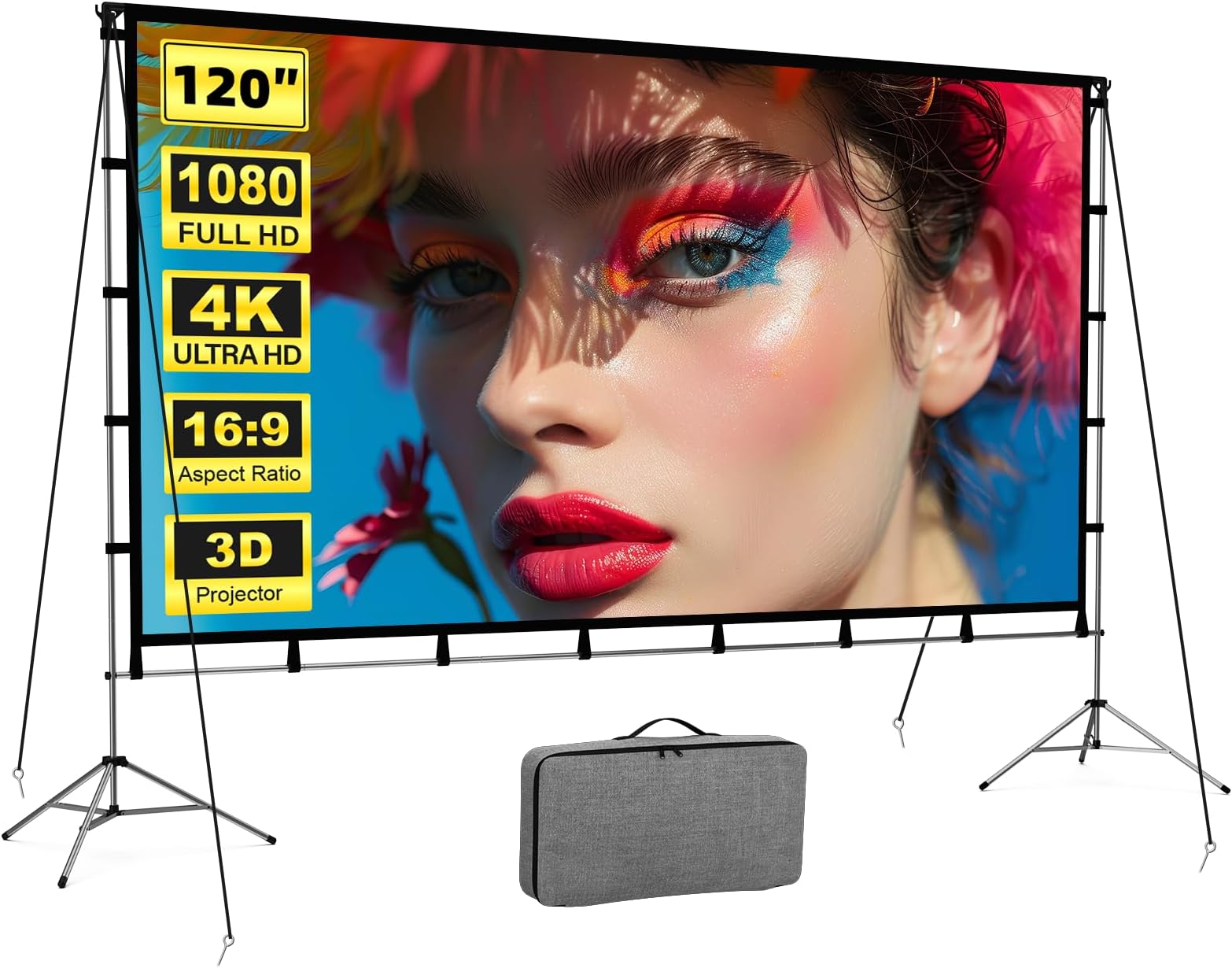 120 inch Projector Screen with Stand, Vamvo Outdoor Indoor Screen 16:9 4K Full HD for Home Theatre Office Presentation, Portable Projector Screen Winkle-Free with Carrying Bag