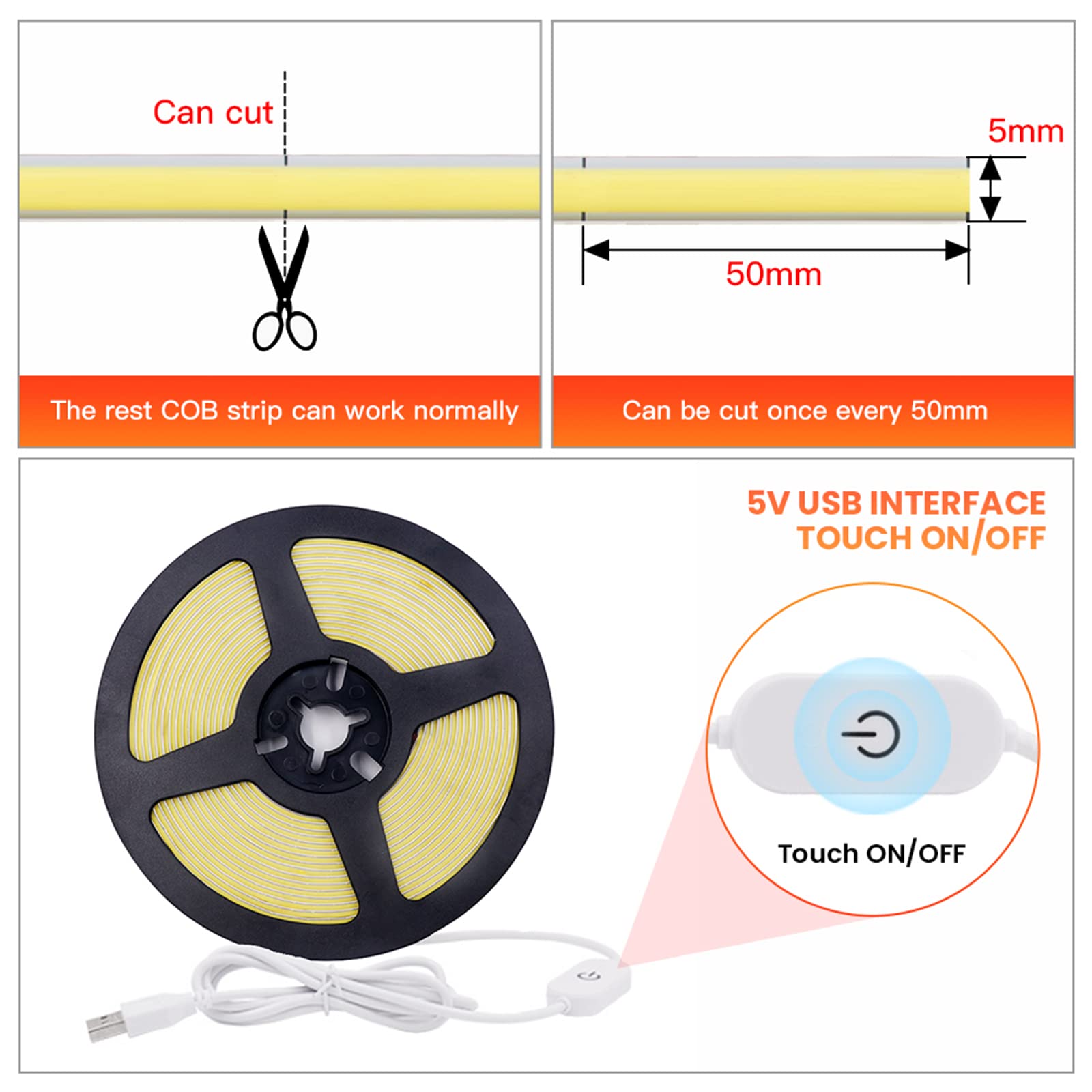 Wisada Dimmbarer COB LED Streifen 2m | 320 LEDs/m, 12V, Warmweiß, Flexibel, Mit RF-Dimmer & Netzteil, IP20