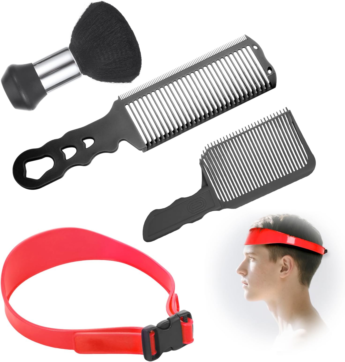 Fade Comb Haircut Guide Set, Fade Hair Trimming Comb for Men with Silicone Band, Neckline Shaving Template, Curved Barber Guide Hair Blending Tool for DIY Home Haircuts Buzz Taper Clippers, Red