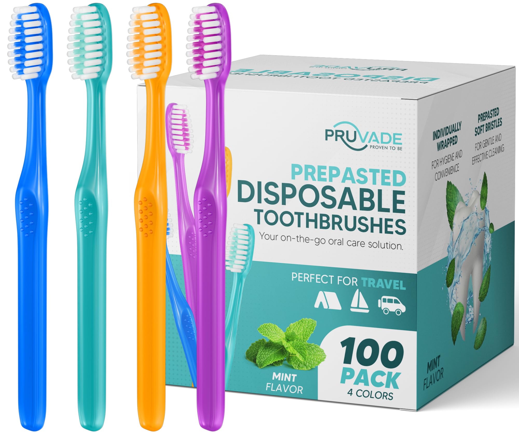 Pruvade 100 Pack Disposable Toothbrushes with Toothpaste Built in | Premium Quality Prepasted Toothbrushes Individually Wrapped - Waterless Toothbrush