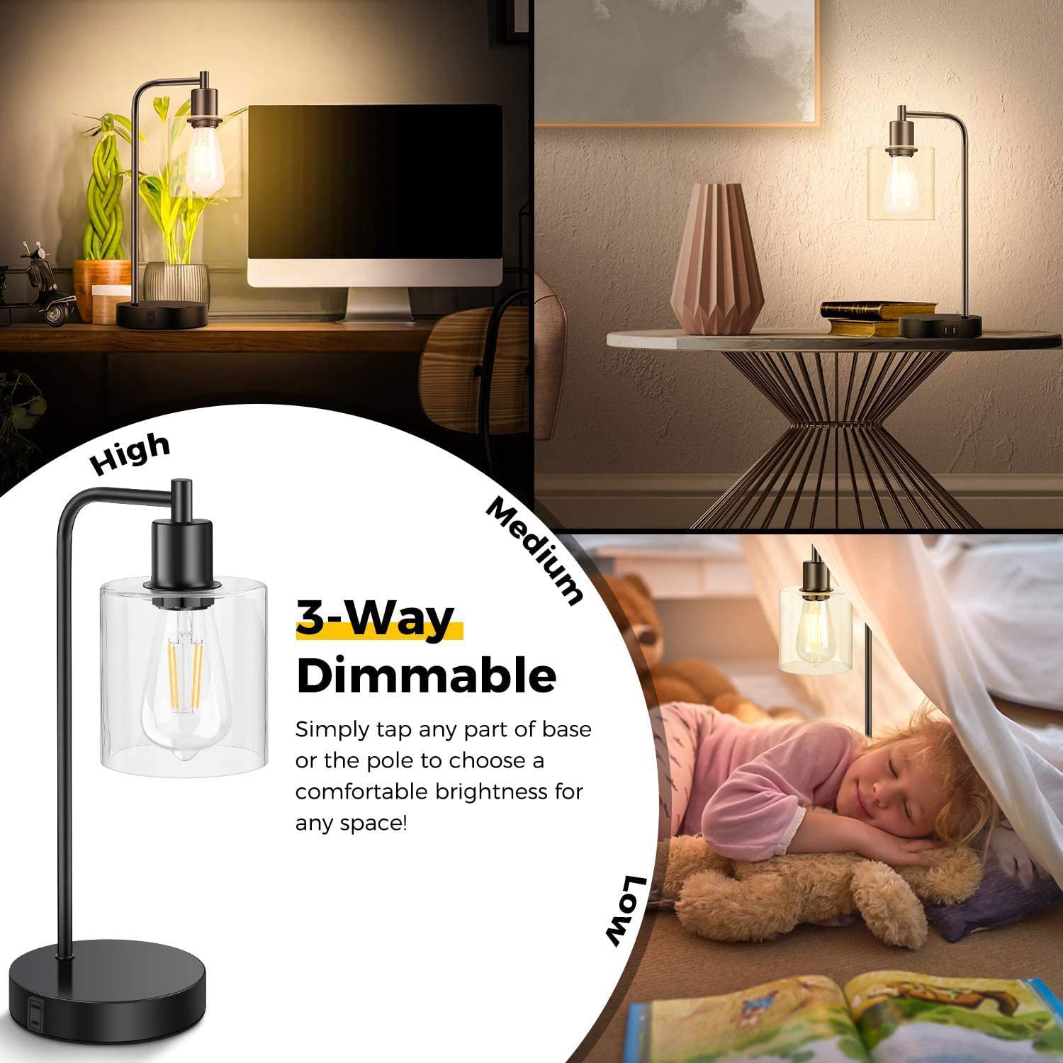 Table Lampada USB con Telefono Cellulare Ricarica Lampada da scrivania con sfumatura in Vetro lampade da Tavolo da comtore