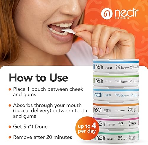 Miniatura 4 de NECTR Bolsas de energía nootrópicas  Menta fresca  250 mg de Cognizin  120 mg de Caffiene  16 bolsas  Sin nicotina  Sin azúcar  Paquete de 5 latas