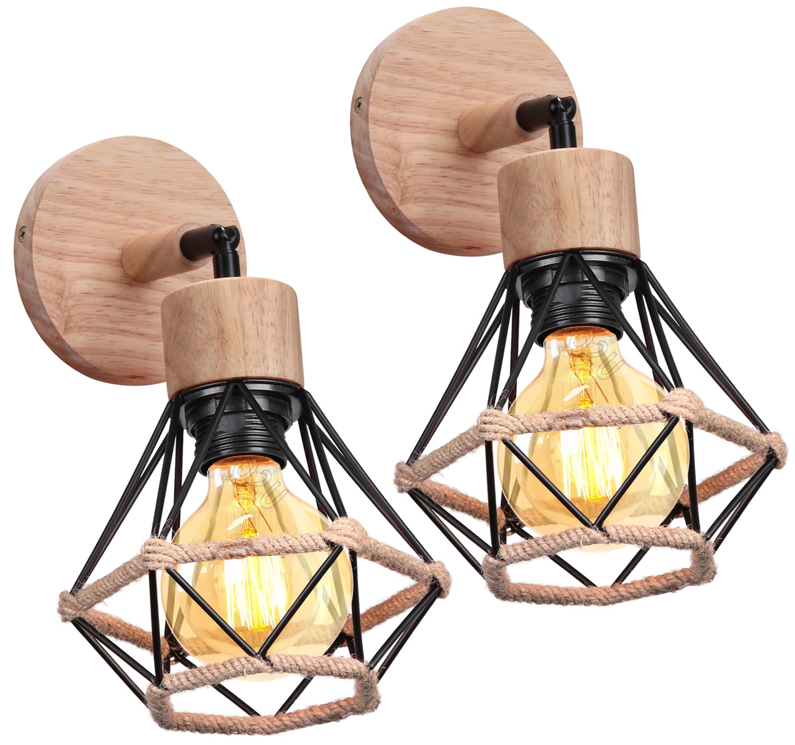 2 Piezas Lámpara de Pared Vintage Industrial Aplique Pared Interior E27 Metal con Cuerda de Cáñamo el Madera Luz de Pared Ajustable Iluminación Ø16cm para Dormitorio Cocina (Aplique -B- 2 piezas)