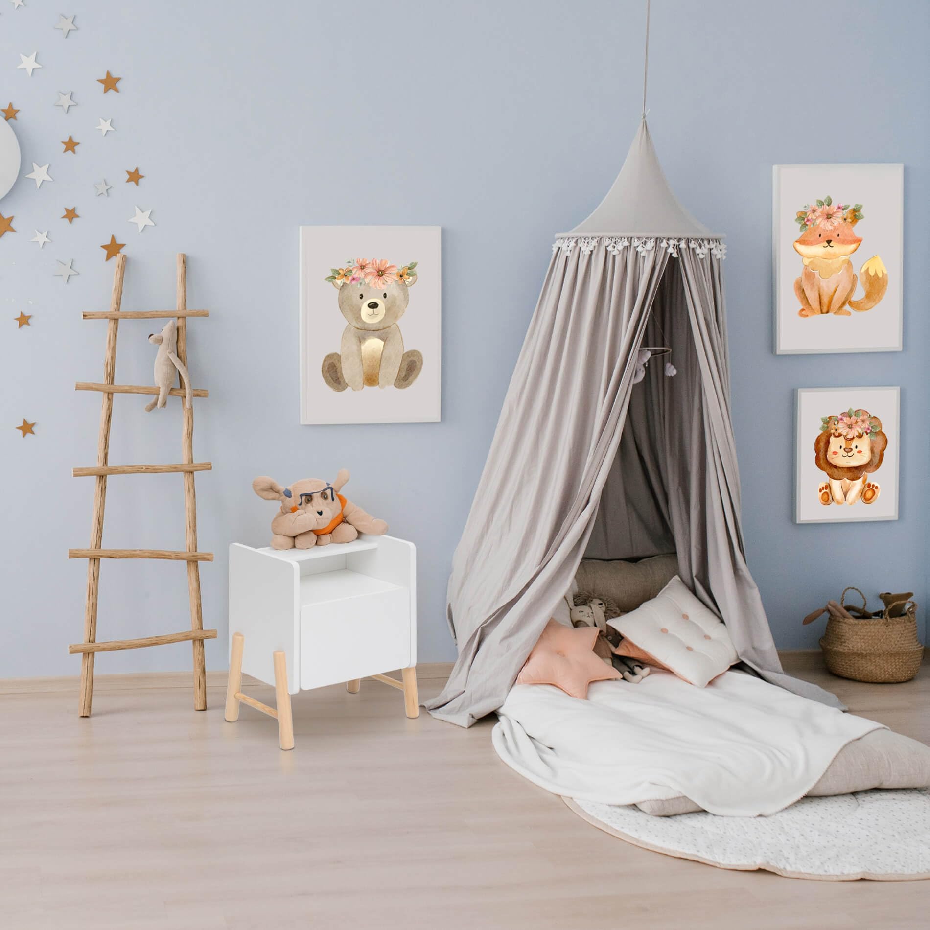 Rebecca Mobili Quadratischer Nachttisch, Nachttisch für Kinder, Weiß Braun, MDF Kiefer, mit 1 Schublade und 1 Regal, Abgerundete Kanten - Maße HxBxT: 49 x 43 x 30 cm - Art. RE7128