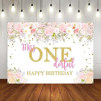 Miss Onederful Birthday Backdrop Watercolor Floral Golden Dots First Birthday Photography Background Baby Girl Happy 1st Birthday Party Decorations Supplies 7x5ft