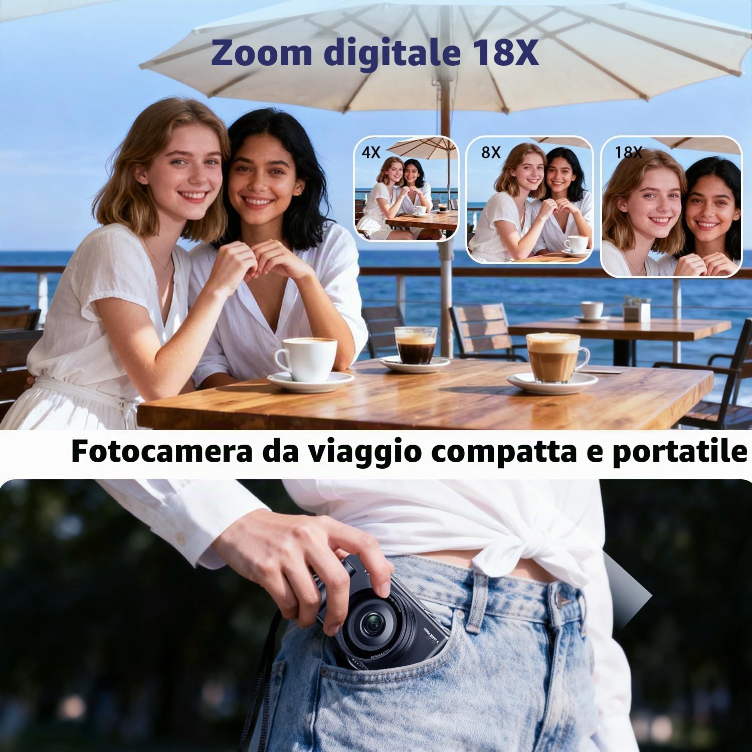 Fotocamera Digitale 4K, 72MP Autofocus Macchina Fotografica Digitale Compatta per Vlogging con Zoom Digitale 18X, Schermo Ribaltabile 270° Digital Camera con scheda da 64GB, Batteria