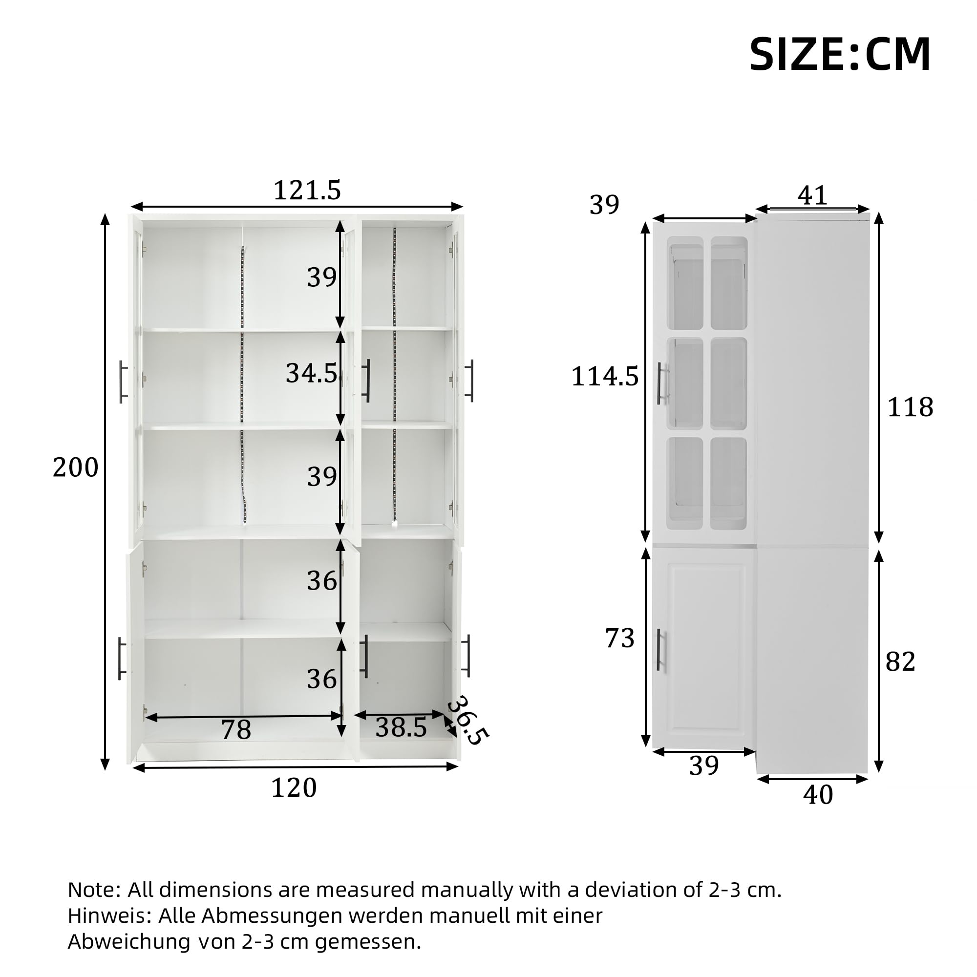Vitrina de 121,5 x 41 x 200 cm, armario alto con 6 puertas, vitrina de cristal con LED, armario multifunción con divisor ajustable, armario grande
