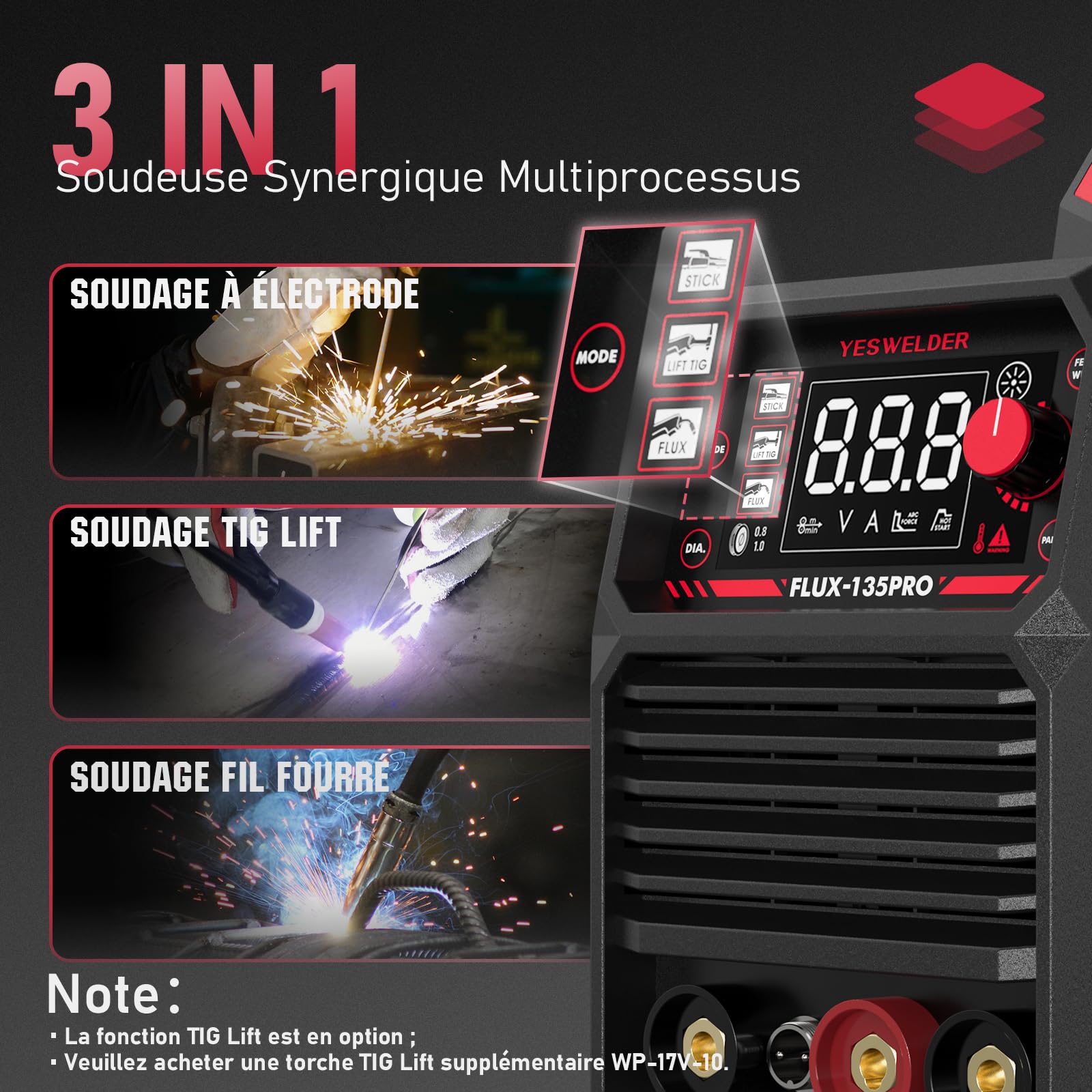 YESWELDER 135Amp Poste a Souder Fil Fourré MIG sans Gaz 230V Poste a Souder Flux MIG/Lift TIG/Stick 3-in-1 Poste de Soudage LED IGBT Inverter avec 2 Unités Fil Fourré