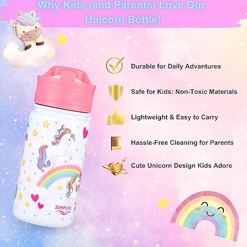 Miniatura 5 de Botella de agua de acero inoxidable con tapa de popote a prueba de fugas, 14 onzas, termo reutilizable al vacío para niños, ecológico, vaso no