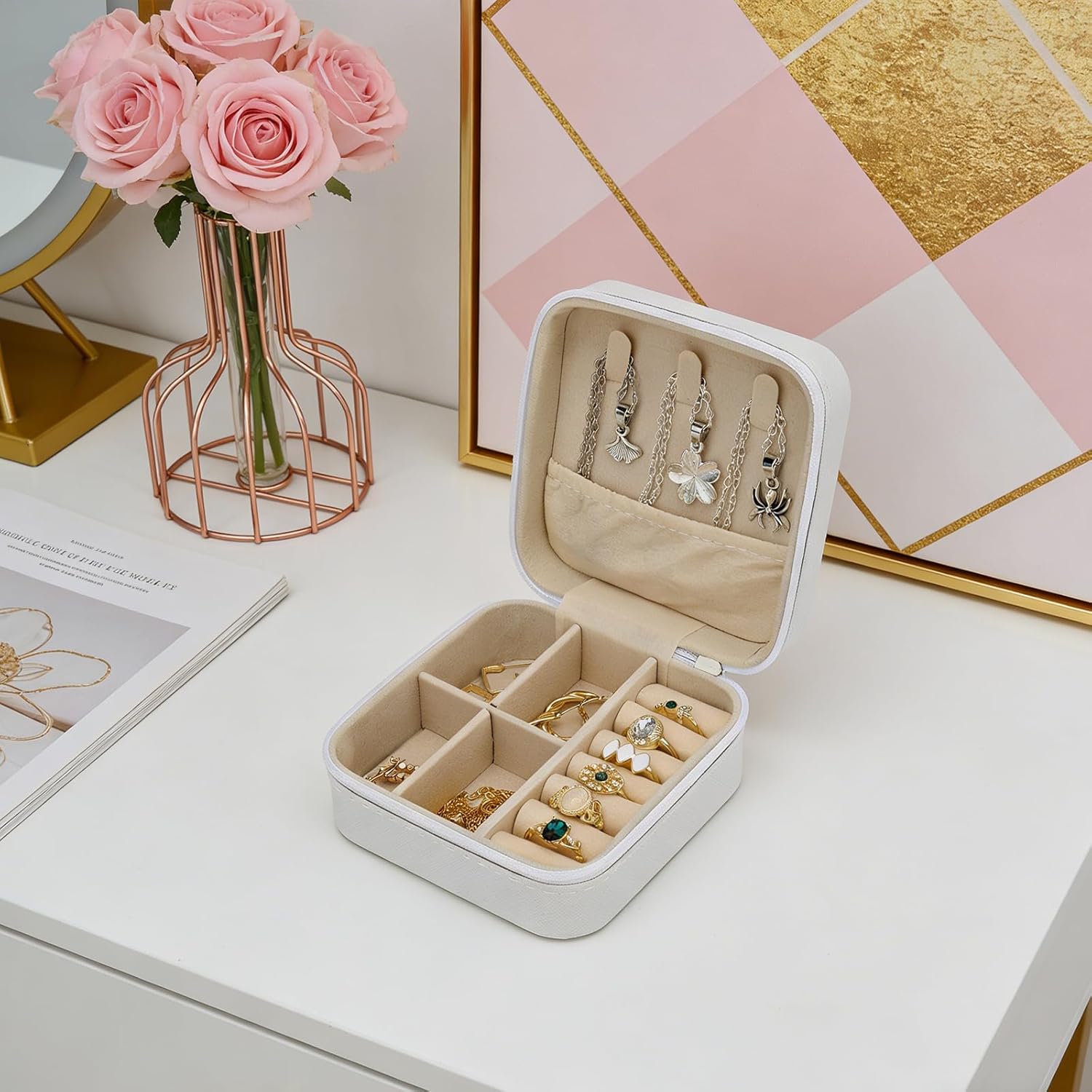 14 Pack White Small Travel Jewelry Boxes - PU Leather Portable Mini Organizers with Dividers, Bridesmaid Proposal Gift Boxes for Rings, Necklaces & Earrings