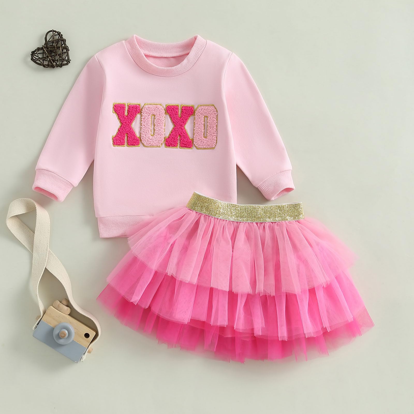 Kayotuas XOXO - Completo per bambina e bambina, con felpa a cuore e tutù in tulle, set carino per feste primaverili