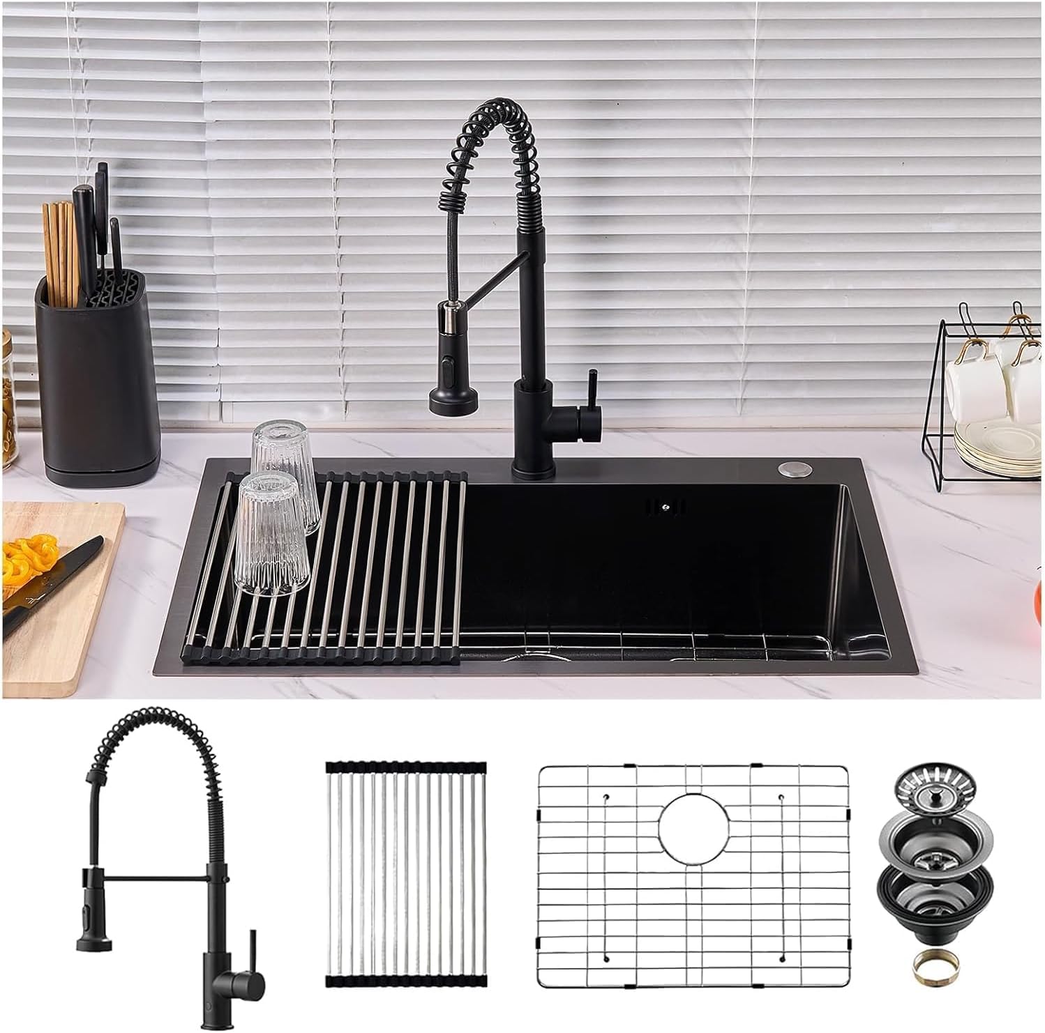 33x22 Drop In Kitchen Sink with Faucet, Black Stainless Steel Workstation Sink, Top Mount Single Bowl Kitchen Sink with Accessories, 9 Inch Deep