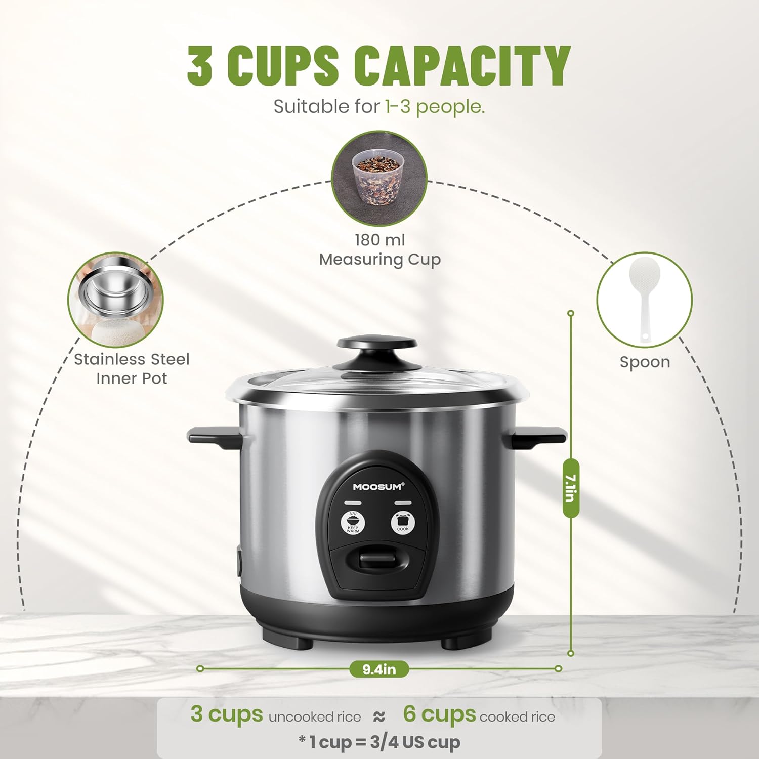 3-Cup Uncooked Rice Cooker Small, Stainless Steel Non-Toxic Inner Pot, One-Touch Multifunction for Rice/Sauté/Yogurt, Dishwasher Safe, 1-3 People Size, Silver