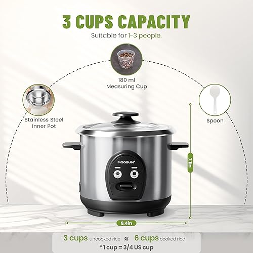 Miniatura 5 de Olla arrocera sin cocer de 3 tazas, pequeña y vaporera de alimentos, olla interior no tóxica de acero inoxidable, multifunción de un solo toque para