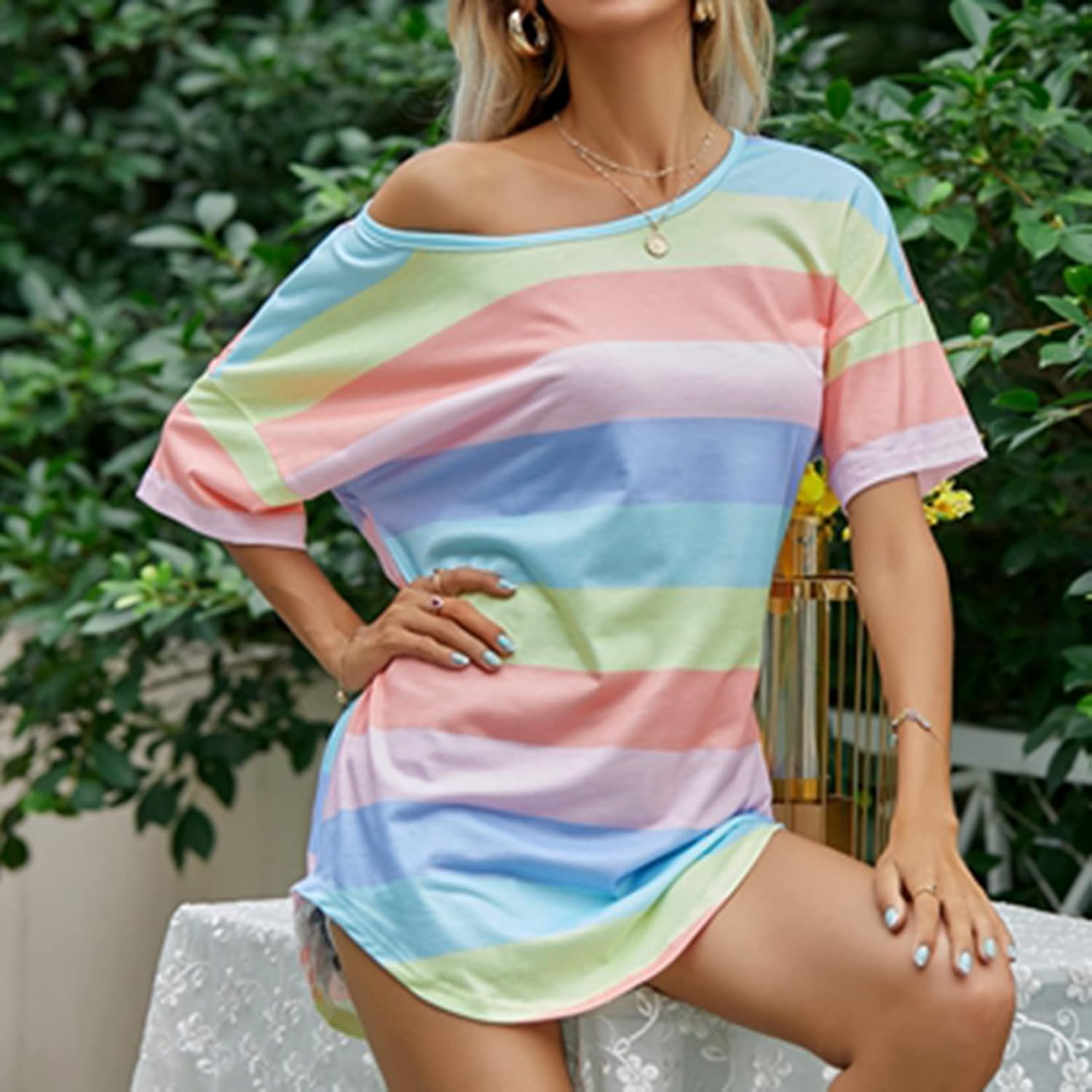 Lu's Chic Women's Short Sleeve Tops Striped Casual T Shirts Summer Rainbow Printed Loose Tee Ladies Cotton Scoop Neck Tunic T-Shirt Comfy Blue X-Large