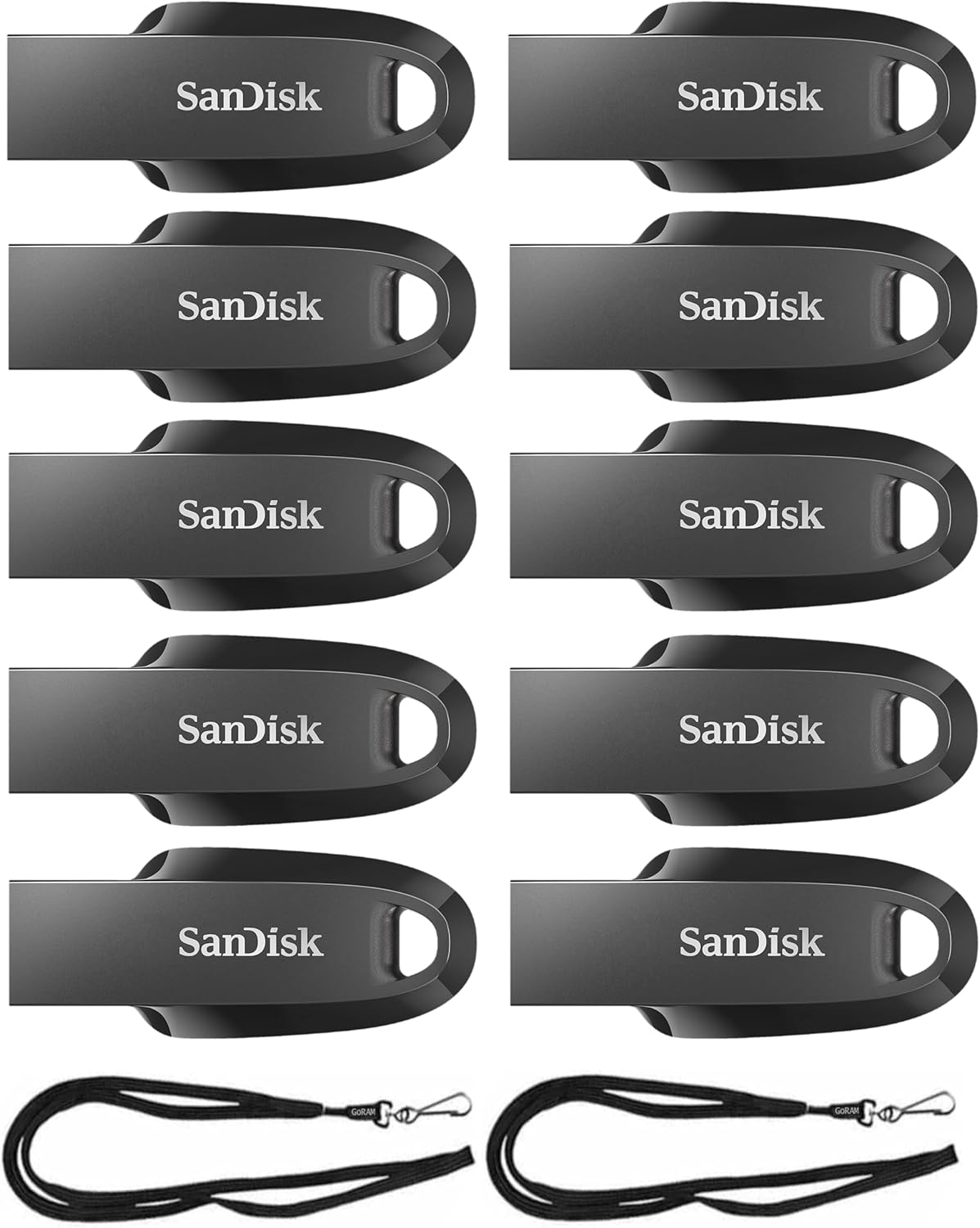 SanDisk 128GB Ultra Curve USB 3.2 Flash Drive SDCZ550-128G (10 Pack) Bundle with (2) GoRAM Black Lanyards (128GB)