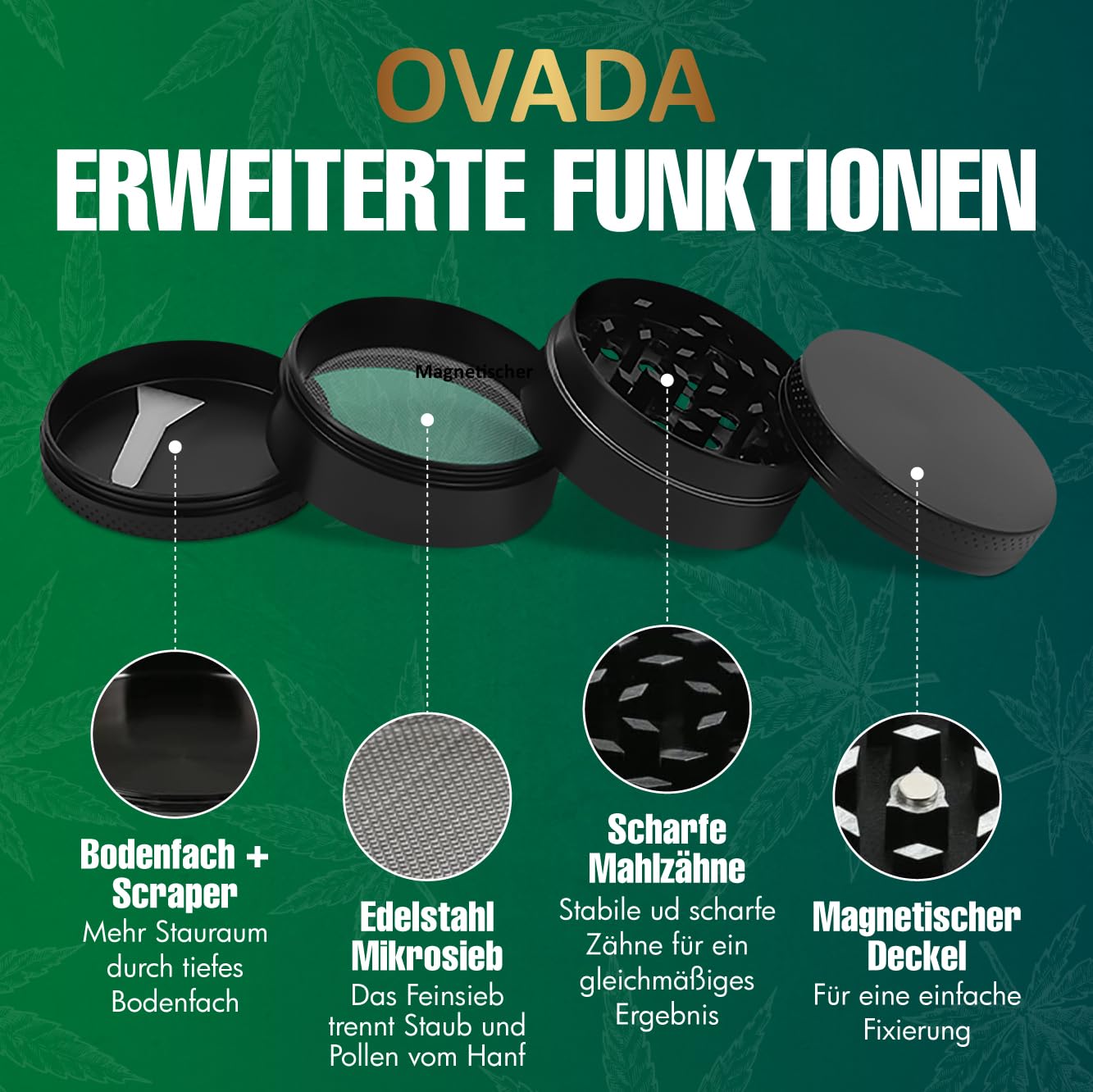 Lot de 4 broyeurs en acier inoxydable de qualité supérieure - 50 mm - Pour épices, tabac, épices et herbes - Noir