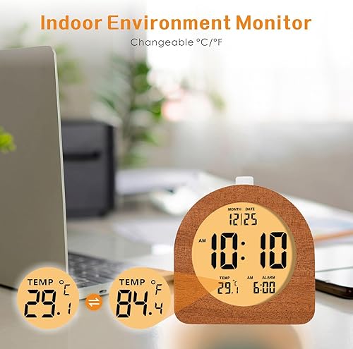 Miniatura 6 de Plumeet Reloj despertador digital de madera para dormitorios, reloj despertador de madera con batería de 4 pulgadas con repetición y luz nocturna,