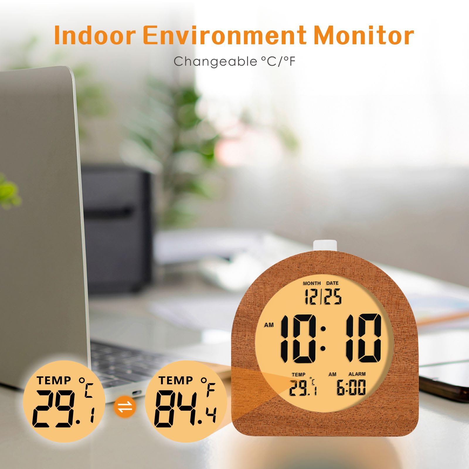 Plumeet Reloj despertador digital de madera para dormitorios, reloj despertador de madera de 4 pulgadas con repetición y luz nocturna, reloj electrónico LCD de escritorio que muestra la hora, fecha,